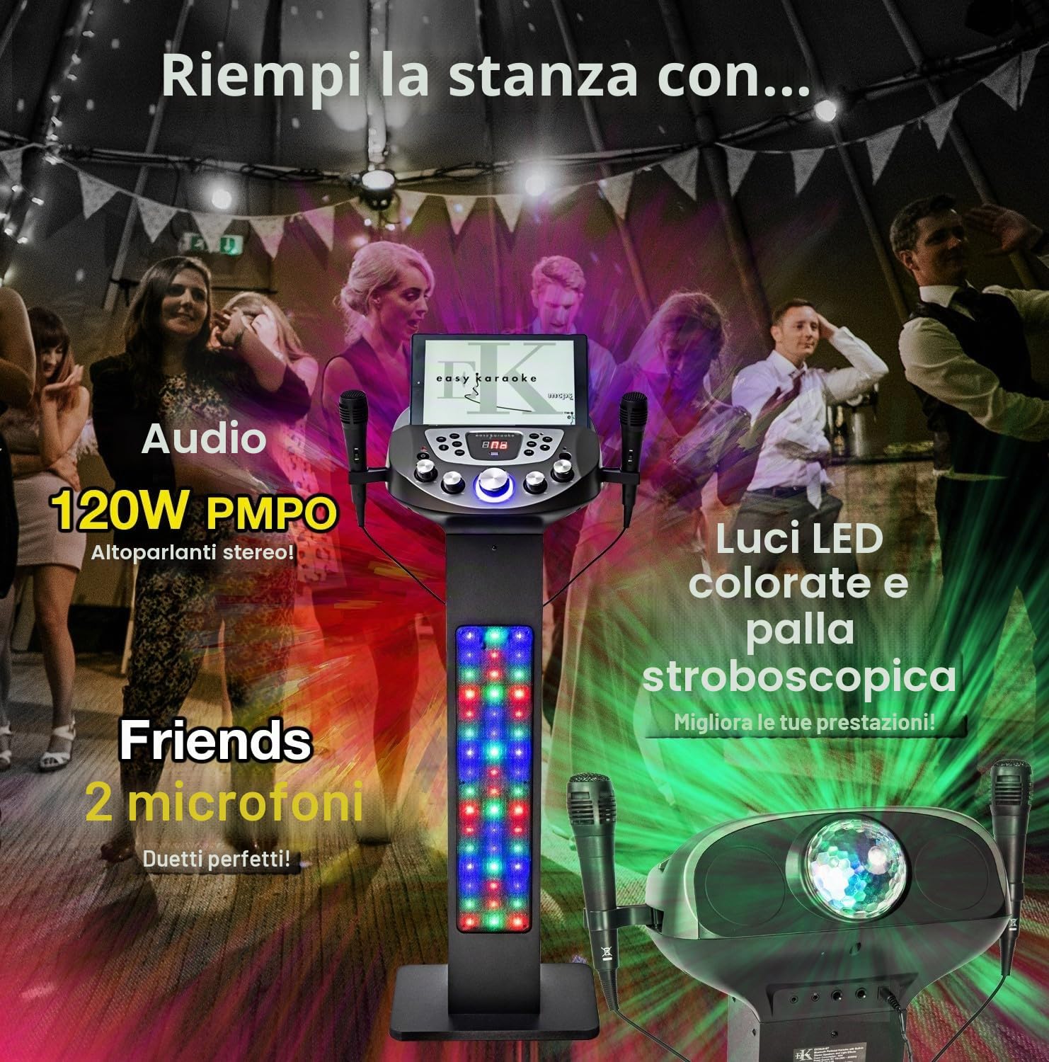 Easy Karaoke EKS828-BT - Sistema karaoke Bluetooth con altoparlanti integrati, potenza di picco di 90 W, luci LED, palla da discoteca e 2 microfoni