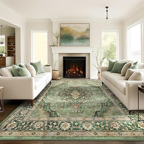 Miniatura 4 de Deerly - Tapete de área verde de 8 x 10 pies para sala de estar, comedor y dormitorio, tapete grande, estampado, lavable, antideslizante, bohemio y