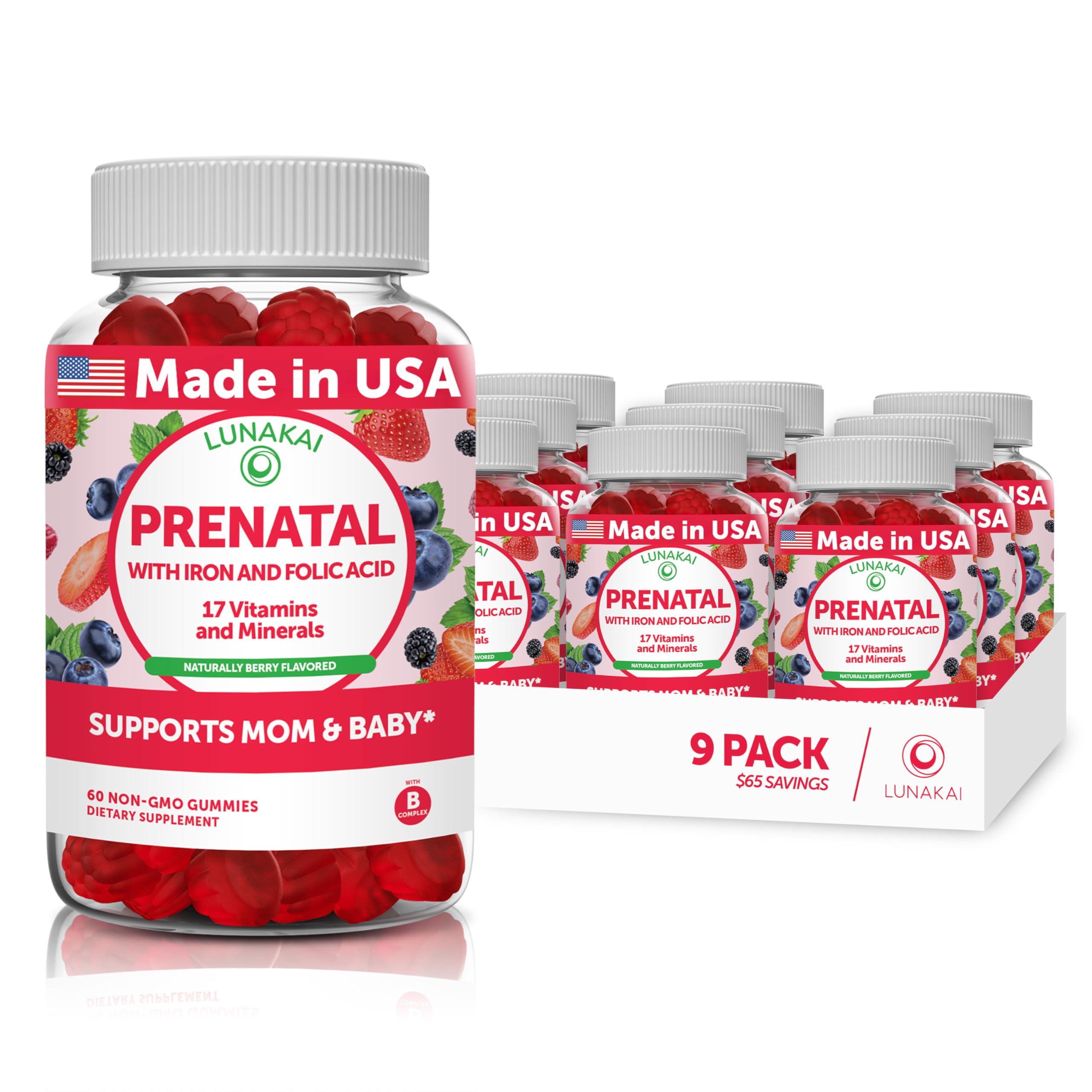 Prenatal Vitamins for Women with Iron &amp; Folic Acid - Tastiest Proprietary Formula - Daily Pregnancy Multivitamin with Vit.A,B complex, C,D,E,Zinc - Non-GMO Prenatal Vitamin Gummies for Women, 9 Pack