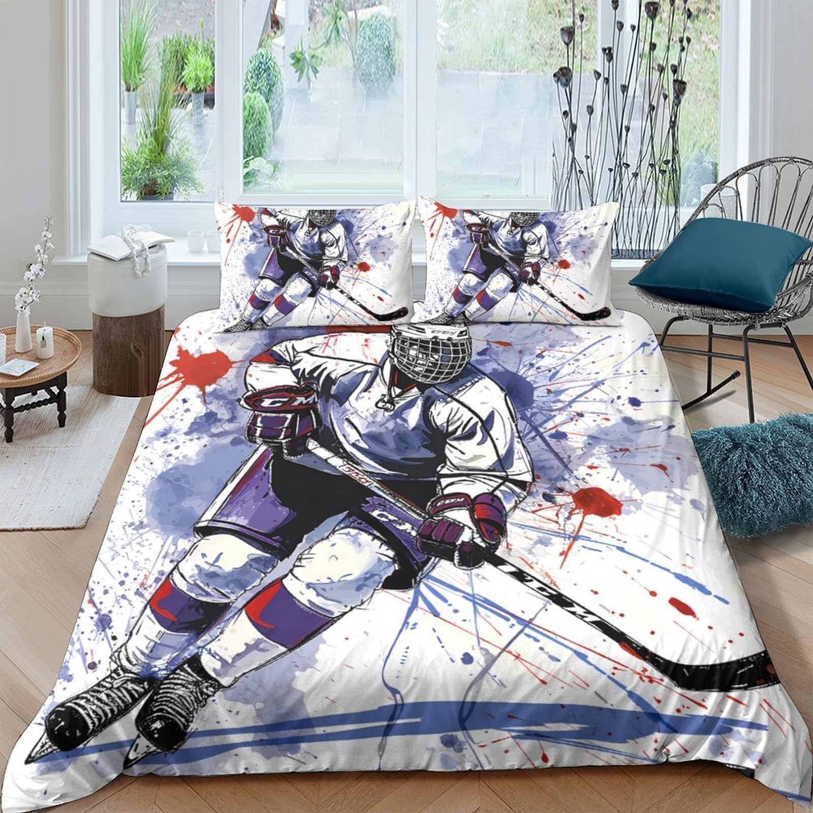 Ctjqhvkz Style-9 3D Printed Hockey Player Fitted Sheet Microfiber Soft Breathable Ice Rink Bed Cover For Bedroom Guest Room Decor Single（135X200cm）
