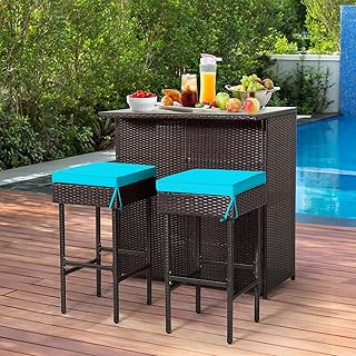 RELAX4FLIE 3-Piece Outdoor Bar Set, Patio Wicker Bar Table and Chairs Set w/Cushioned Stools 2 Open Shelves & Glass Table Top, Rattan Bar Table Set for Poolside, Garden and Backyard (Turquoise)