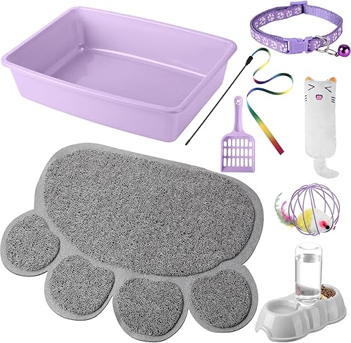 Kit de iniciación de 7 piezas para gatos pequeños, caja de arena para gatos con pala, alfombrilla de arena de patas de gato, cuencos dobles