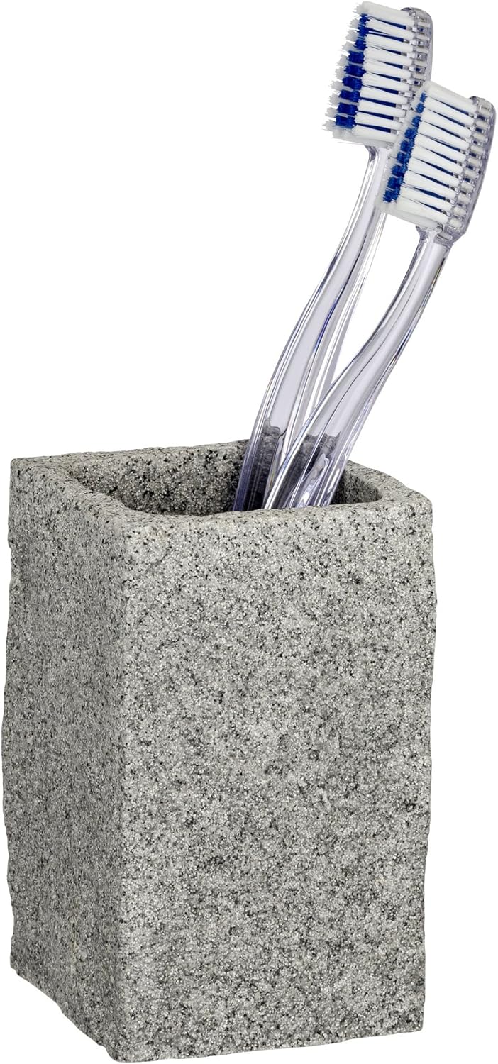 WENKO Toothbrush Tumbler Granit in Grey, Polyresin 6.5 x 6.5 x 10.6 cm