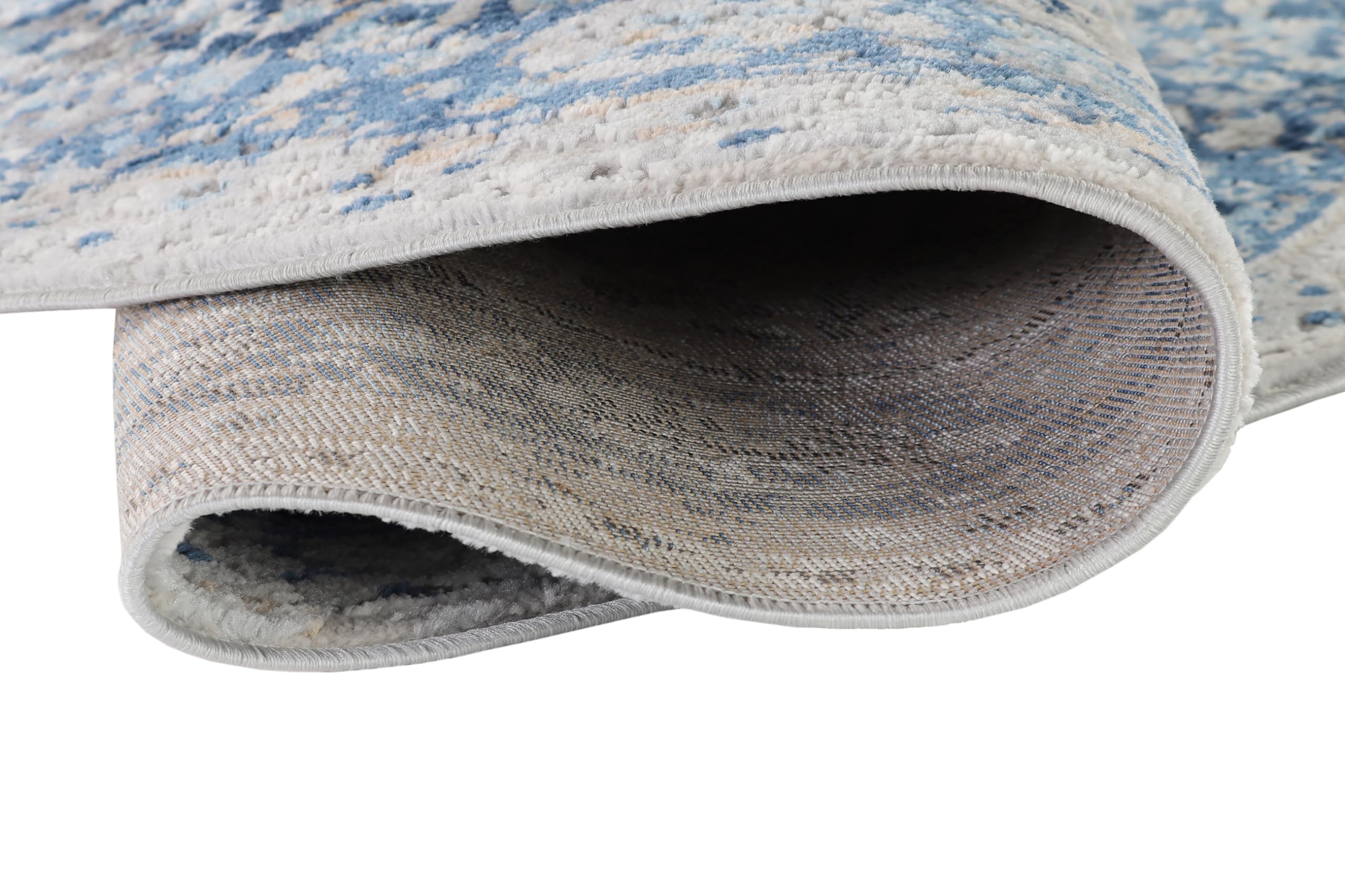 TAPISO Valley Rund Teppich Kurzflor Weiß Grau Blau Ornament 100 x 100 cm