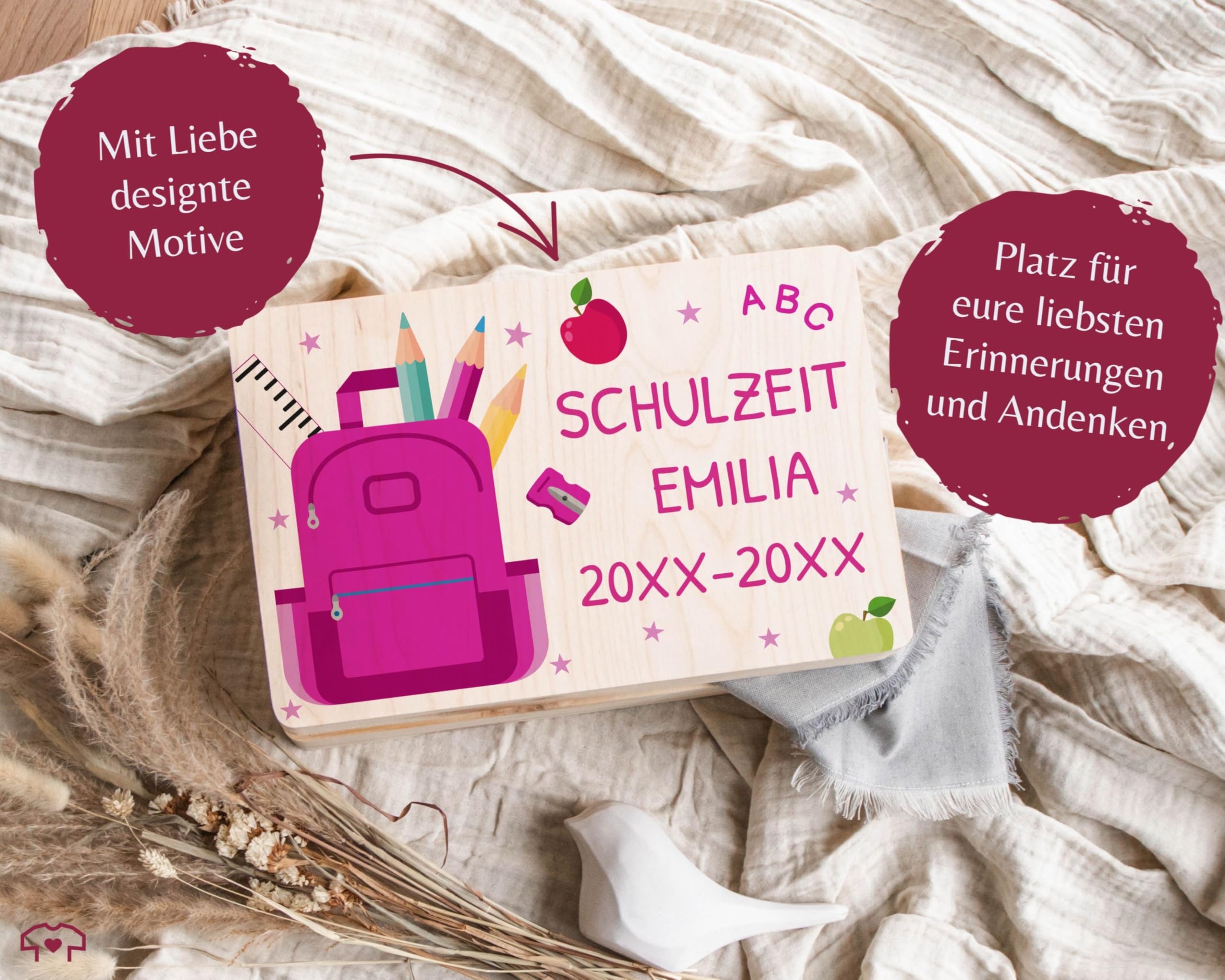 Holzkiste Erinnerungsbox - Schulzeit Erinnerungen Geschenk | 1 Schuljahr Mädchen Geschenk Einschulung | Schulanfang Geschenke - 30 x 20 x 14 - Holz - box einschulung￼ personalisierte geschenkbox