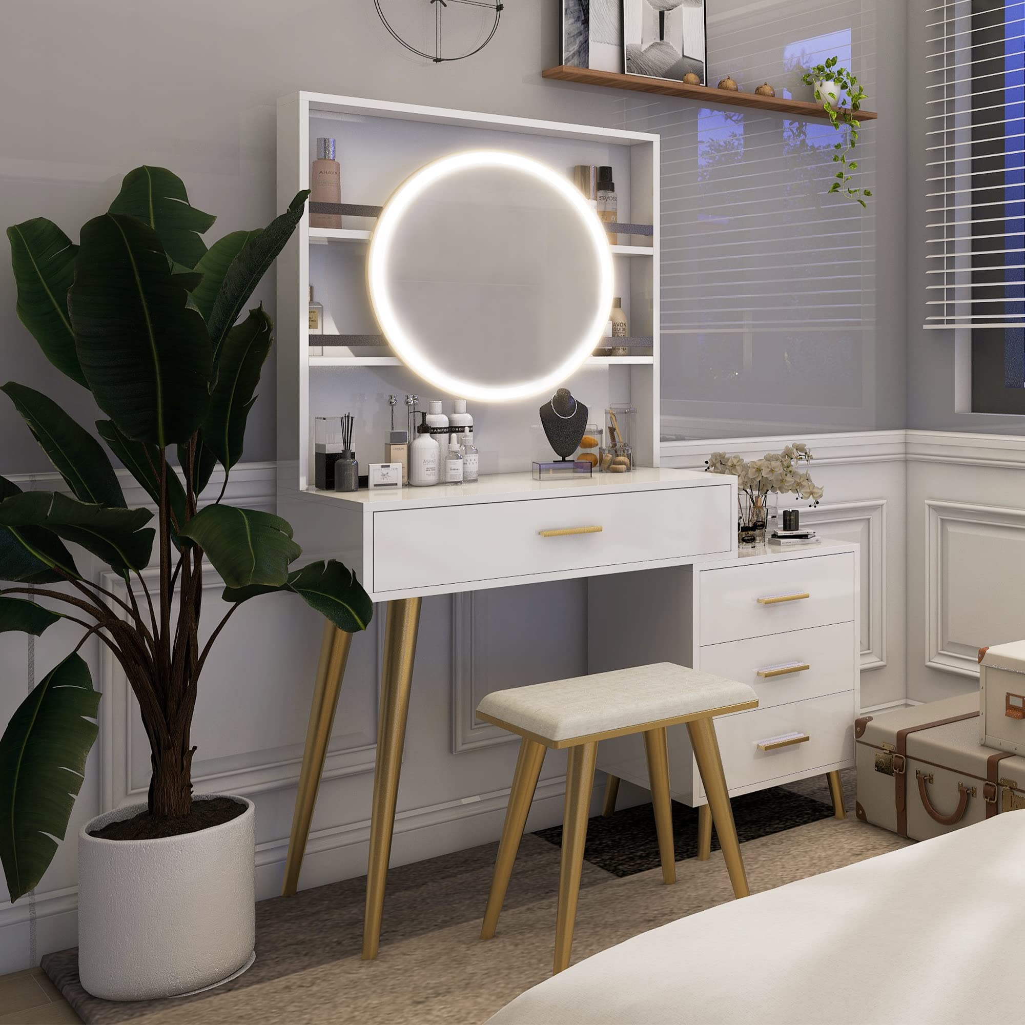 NeuType Bureau de Coiffeuse avec Miroir et lumières, Meuble de Maquillage avec 4 tiroirs, Miroir de courtoisie avec lumières et Table, 3 Modes d'éclairage, luminosité réglable, Tabouret rembourré