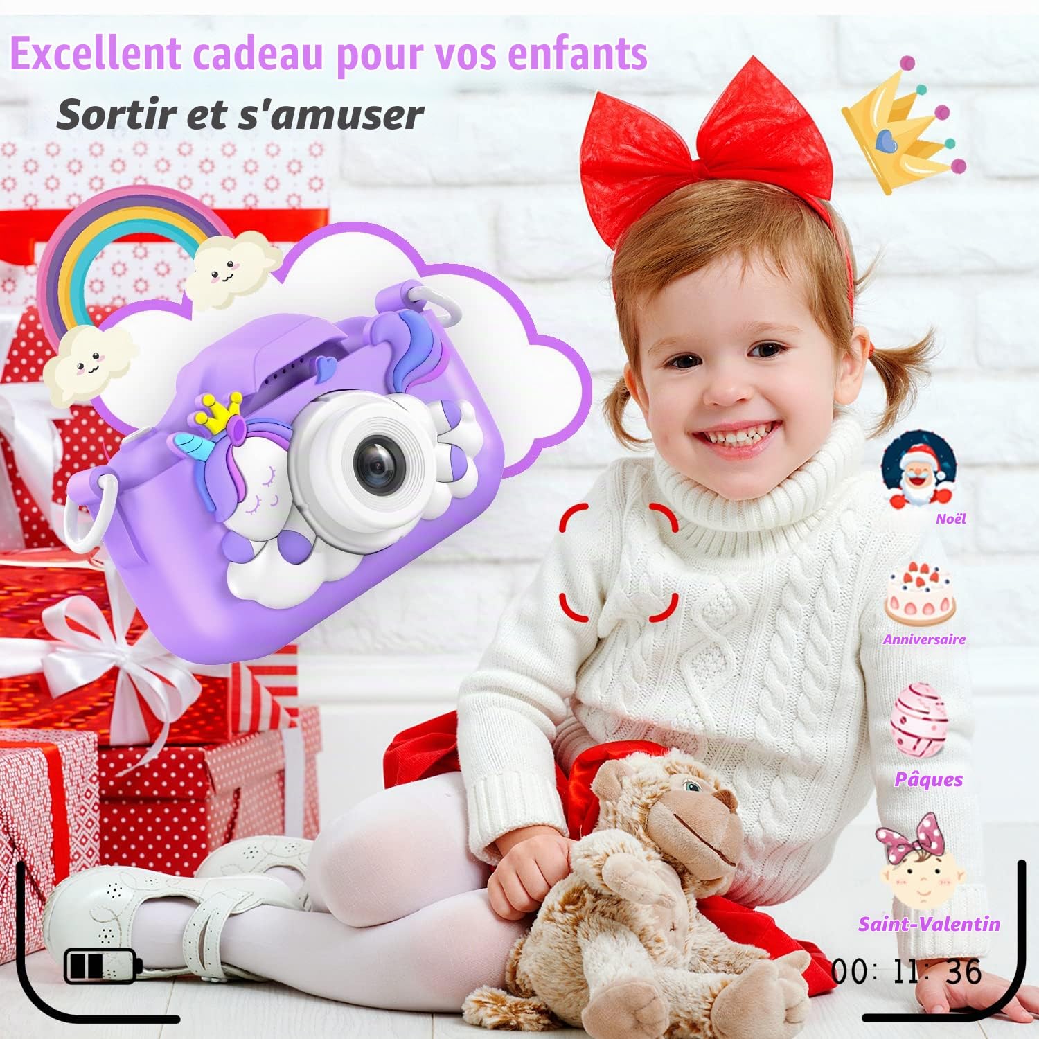 HOOMOON Dinosaure Appareil Photo Enfants, Caméra Selfie Jouet Fille Garçon, Carte SD 32 Go, Enregistreur Vidéo HD 1080p, Cadeaux d'anniversaire de Noël pour 3 4 5 6 7 8 9 10 Ans