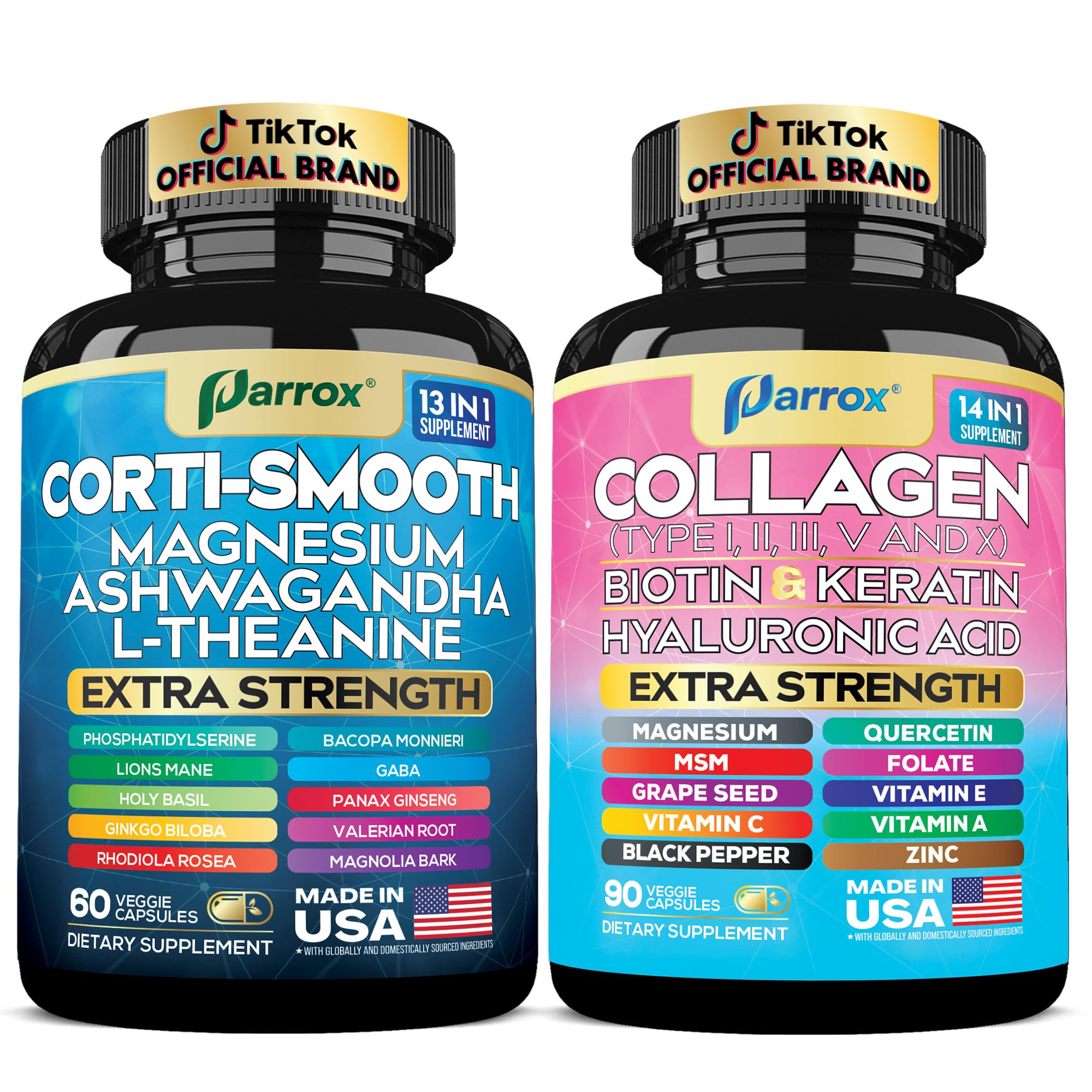 Shining Serenity Set, Cortisol Support with Ashwagandha, L-Theanine, Magnesium, Lions Mane, GABA, Bacopa Monnieri, Collagen I, II, III, V, X, Folate, Biotin, Keratin, Hyaluronic Acid, Quercetin