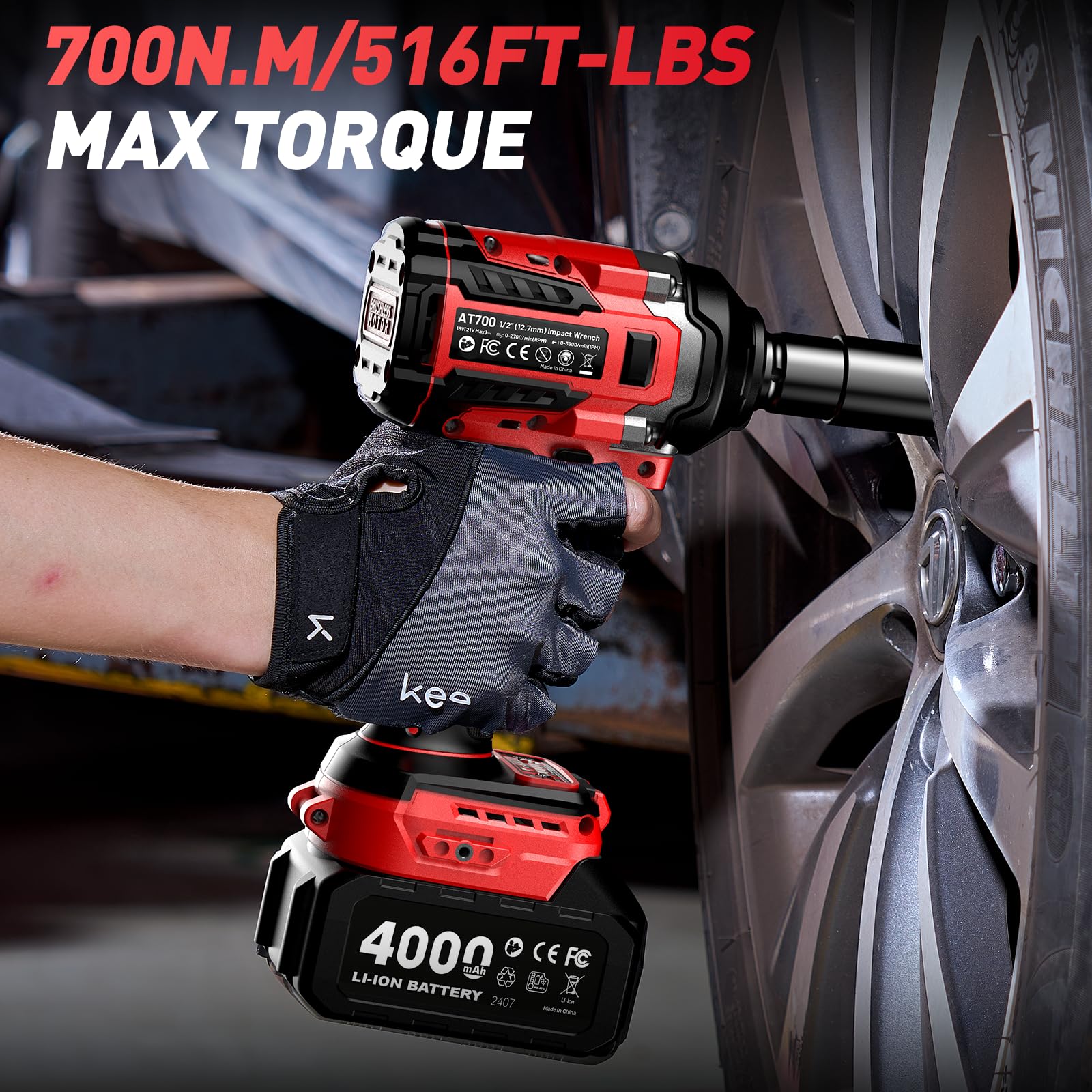Clé à Chocs Sans Fil Brushless avec 2x 4.0 Ah Batteries, 700N.m/Ft-lbs Boulonneuse à Choc Electrique, 21V Visseuse à Chocs avec 4 Douilles à Chocs, Compatible avec Makita 18V