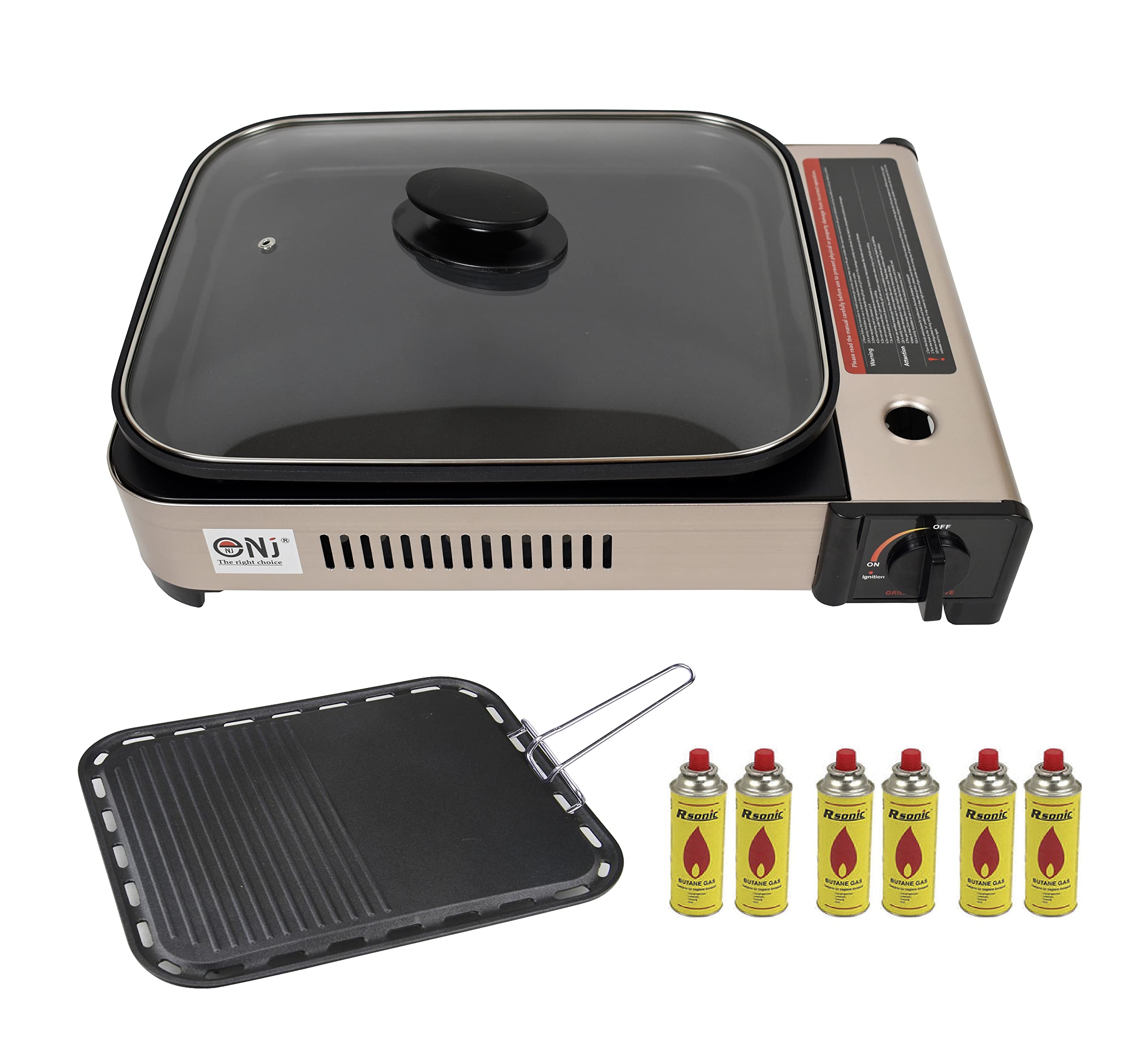 NJ Camping Gas BBQ Grill Plate Non-stick Deep Dish Pan Butane Stove Portable Cooker Glass LID (Gas Grill + 6 Canisters)