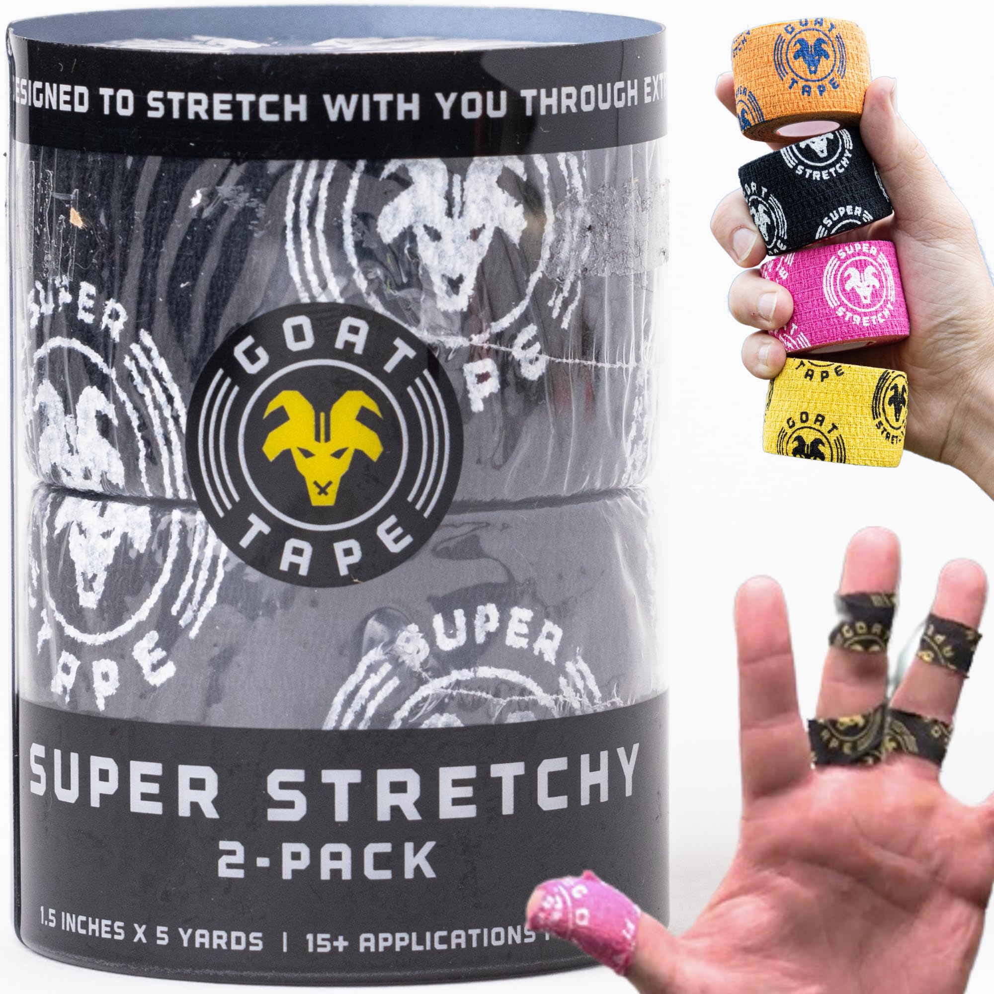 Goat Tape Super Stretchy Thumb Tape - Weightlifting Hook Grip Tape & WOD Tape for Cross Training, Gym Workout Tape, Athletic Finger Wrap - Flexes with Every Move - 15 Feet per Roll (Black 2-Pack)