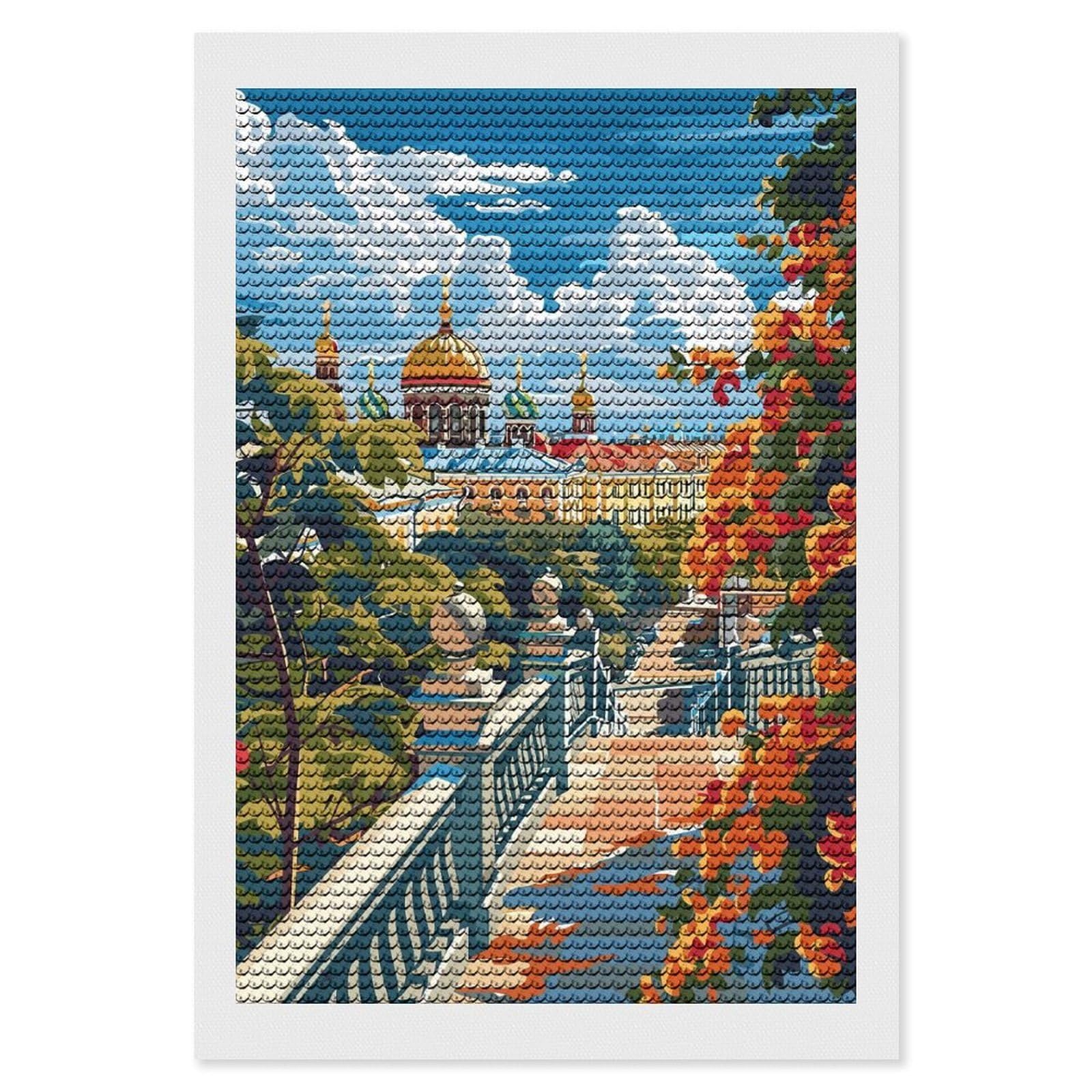 Junmoney Cityscape with Cathedral and Autumn Foliage Diamond Painting Canvas Kit 8"x12", Adhesive Canvas, Living Room Decor, Farmhouse Decor, Winter Craft