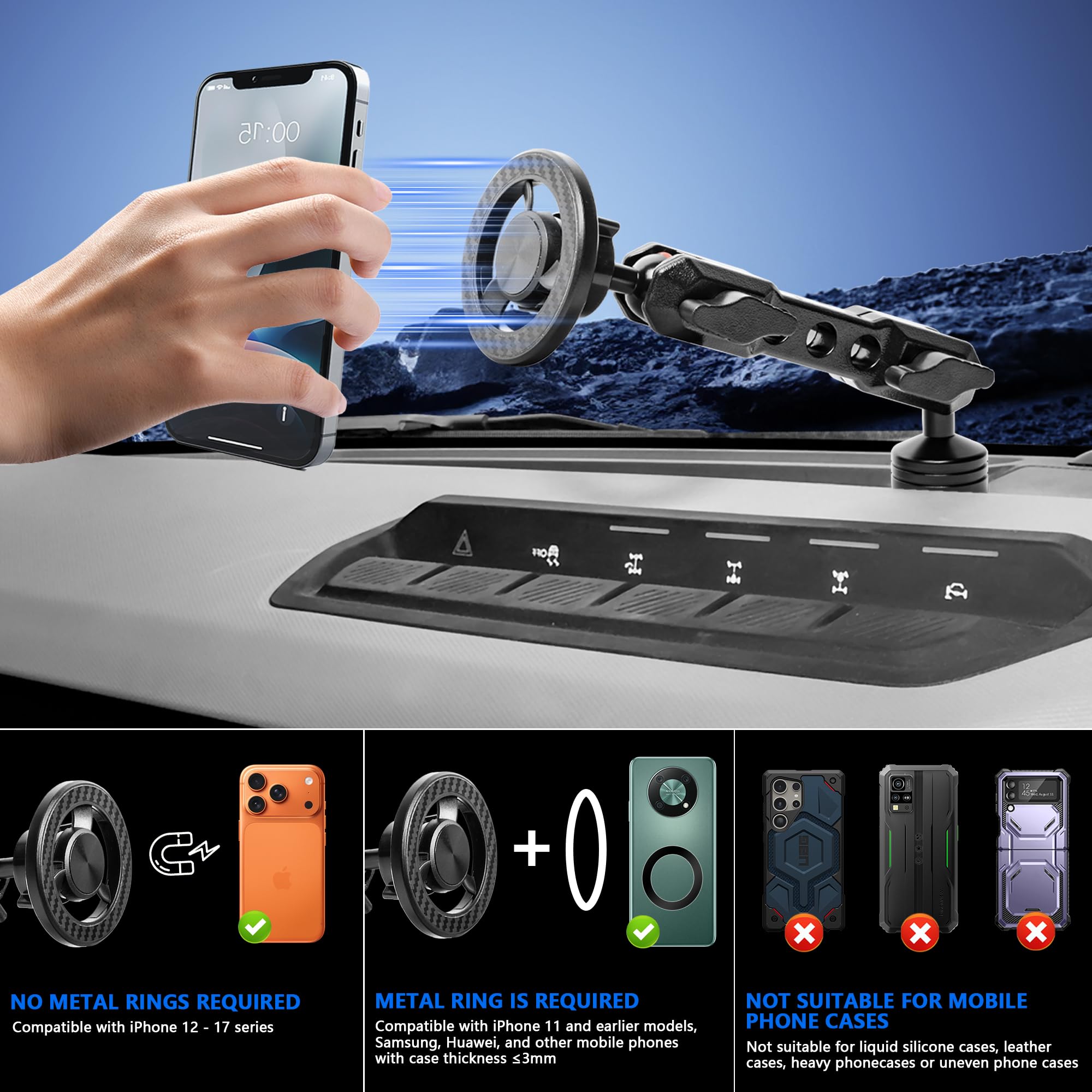 Soporte magnético para teléfono para Ford Bronco 2021-2026 2/4 puertas ajustable 360°, para accesorios Ford Bronco, tornillos OEM instalación de montaje en tablero (no para Bronco Sport)