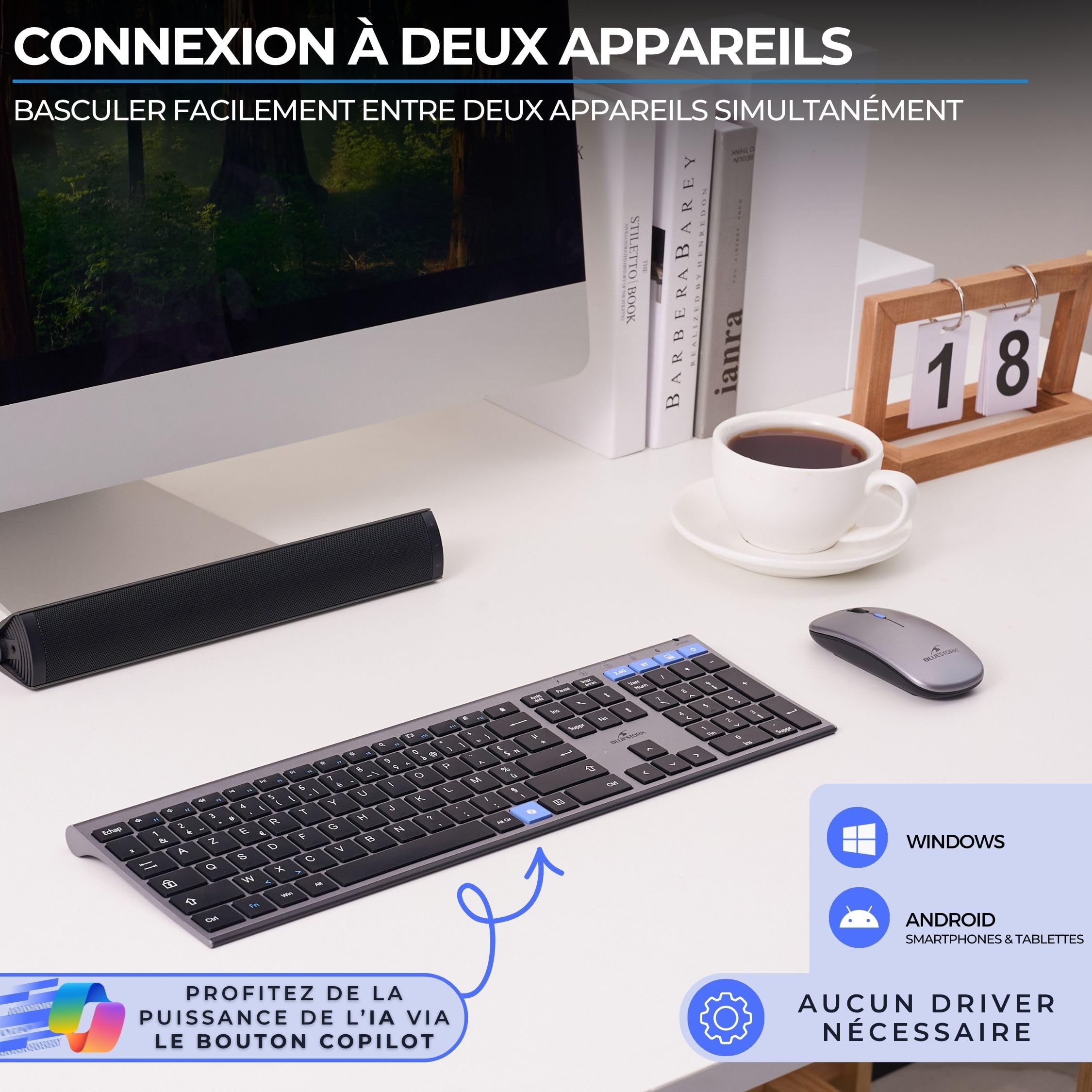 Bluestork - Set tastiera mouse wireless ricaricabile grafica V3 - Tastiera wireless, Connessioni 2.4GHz e Bluetooth, Ultra-sottile, batteria 110H, AZERTY FR, mouse 3200 DPI -Windows/IA Copilot