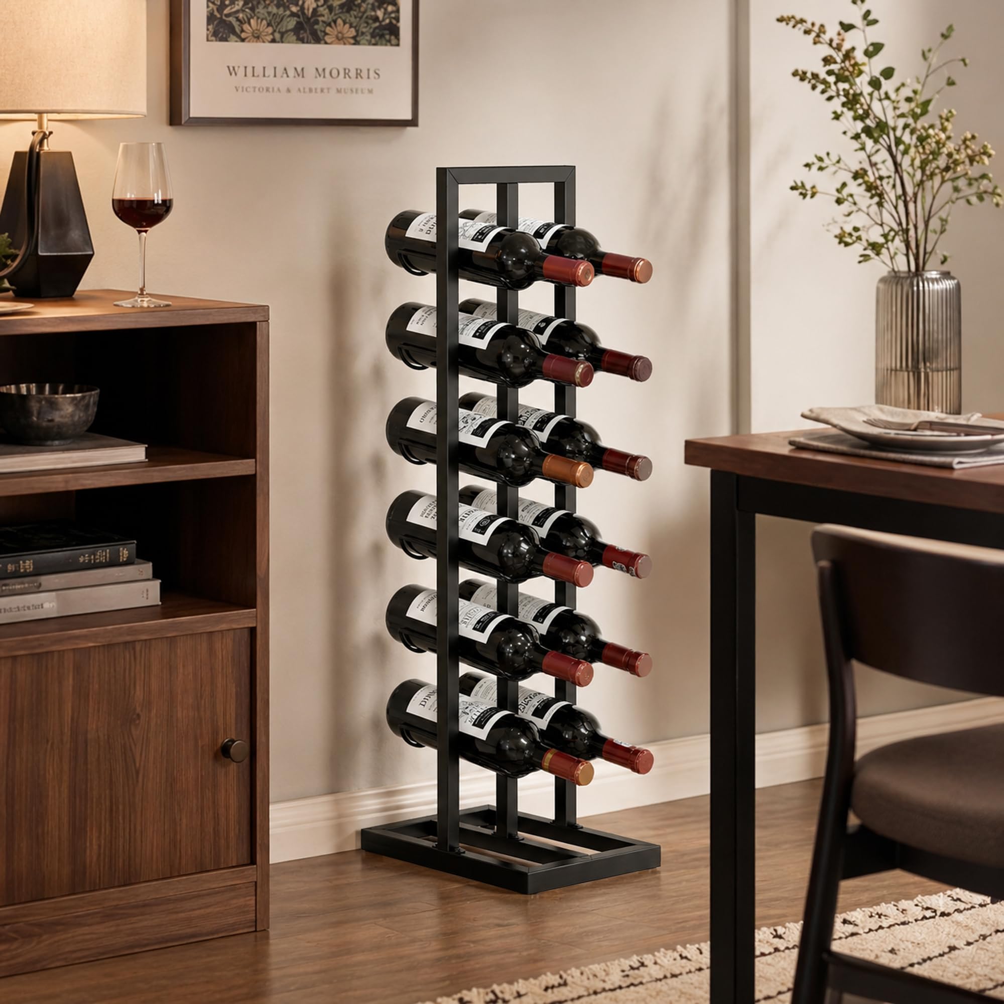 HOMCOM Portabottiglie da Terra per 12 Bottiglie con Cinghia Antiribaltamento, Porta Bottiglie di Vino Industriale in Acciaio, Salvaspazio per Cucina, Sala da Pranzo, Bar, Nero
