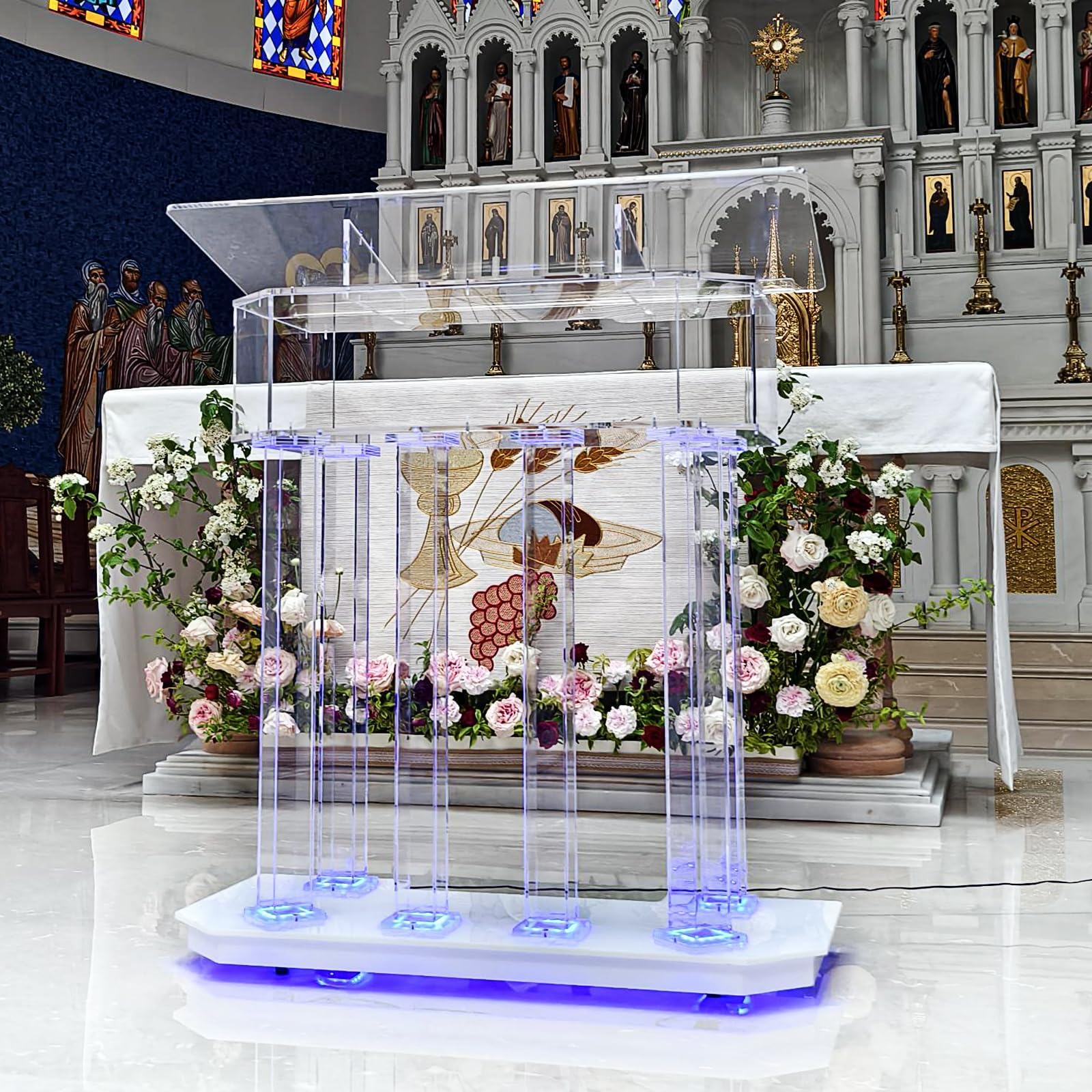 Vakiorn 46.5" Large Acrylic Clear Podium Stand with Led Light, Plexiglass Pulpits with 4 Wheels, Pulpitos para Iglesias with Storage Shelf,