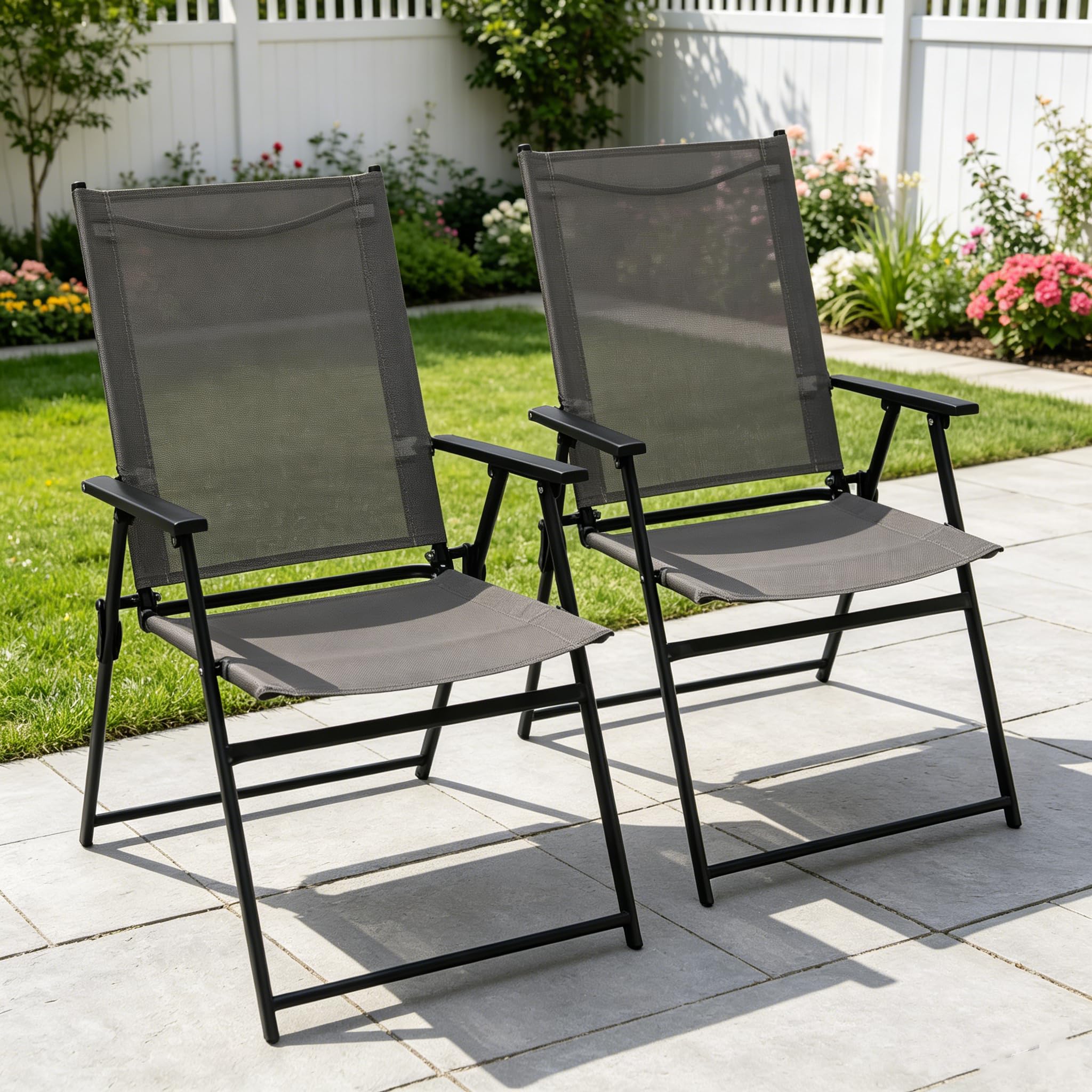 YLGJ&TIDY Folding Garden Chairs Set of 2, Portable Outdoor Chairs, Foldable Garden Dining Chairs with Armrests & High Backrest & Metal Frame, Balcony, Patio Chairs Lawn and Poolside (Gray, 2 Pcs)