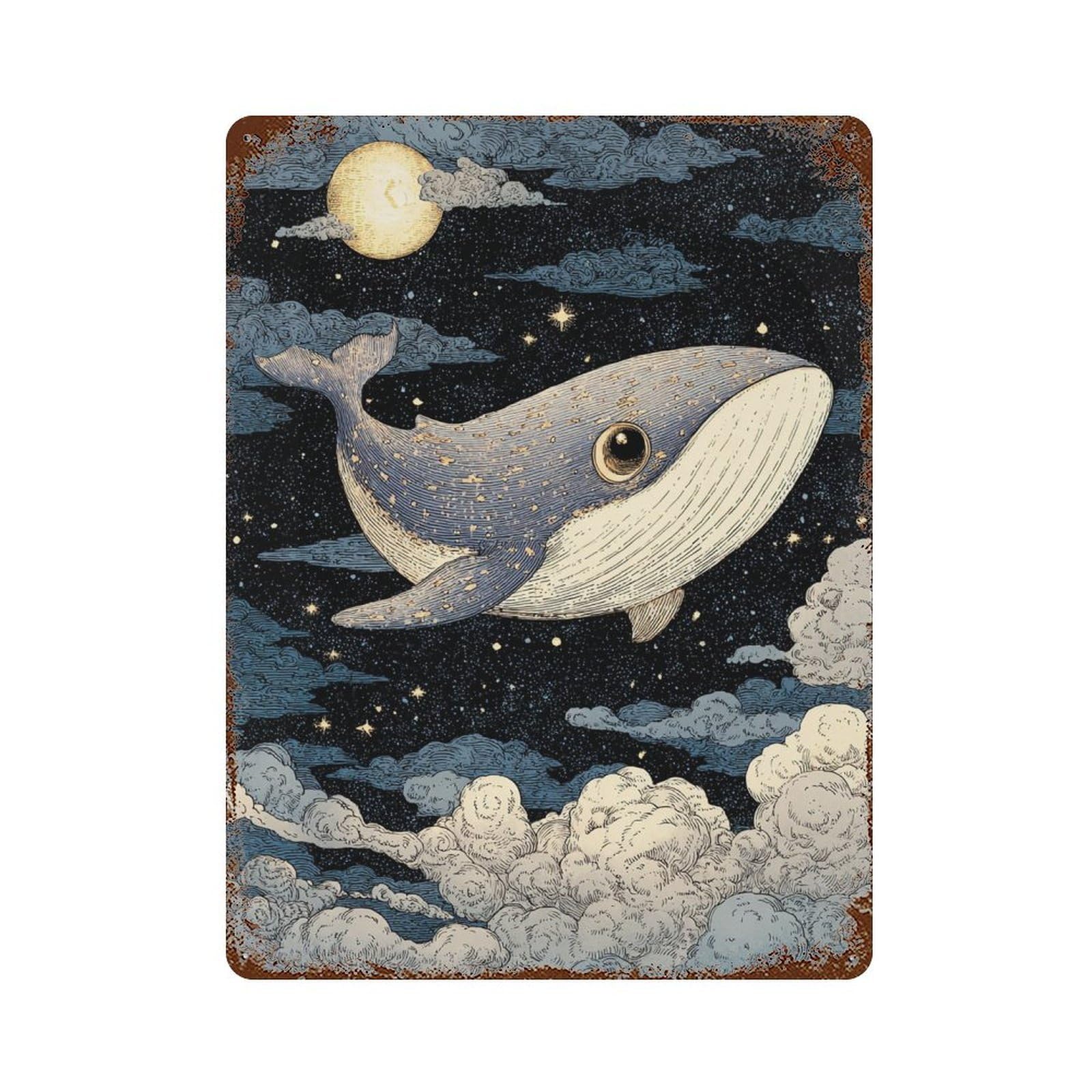 Whale in The Sky-5 15.7"x11.8" Rust Effect Tin Sign, Industrial Home Decor for Living Room, Hallway And Home Decor