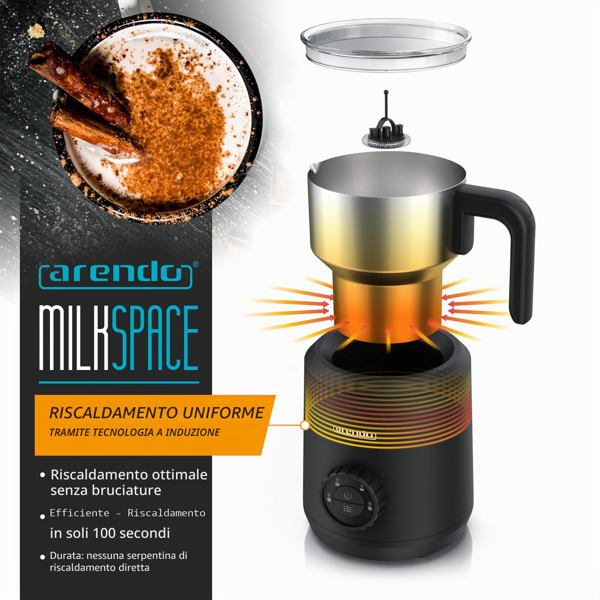 Arendo - Montalatte a induzione - Montalatte elettrico a induzione senza bruciatura - fino a 400 ml - Schiuma di latte calda e fredda - 4 temperature - Milk Spugna Caffè Latte Cappuccino
