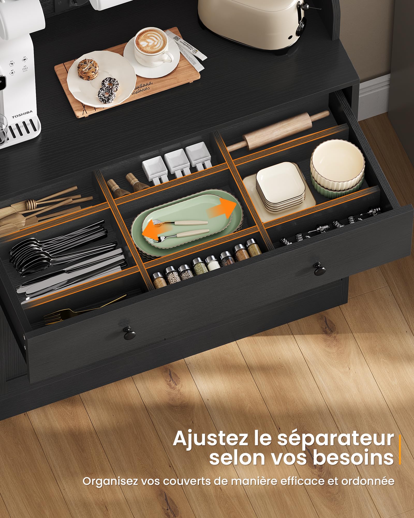 Buffet Cuisine avec LED et Multiprise, Meuble Cuisine Rangement avec Plan de Travail, 4 Compartiments Fermés, Tiroir avec Séparateurs, 4 Crochets, Étagères Réglables, Meuble Salle à Manger, Noir