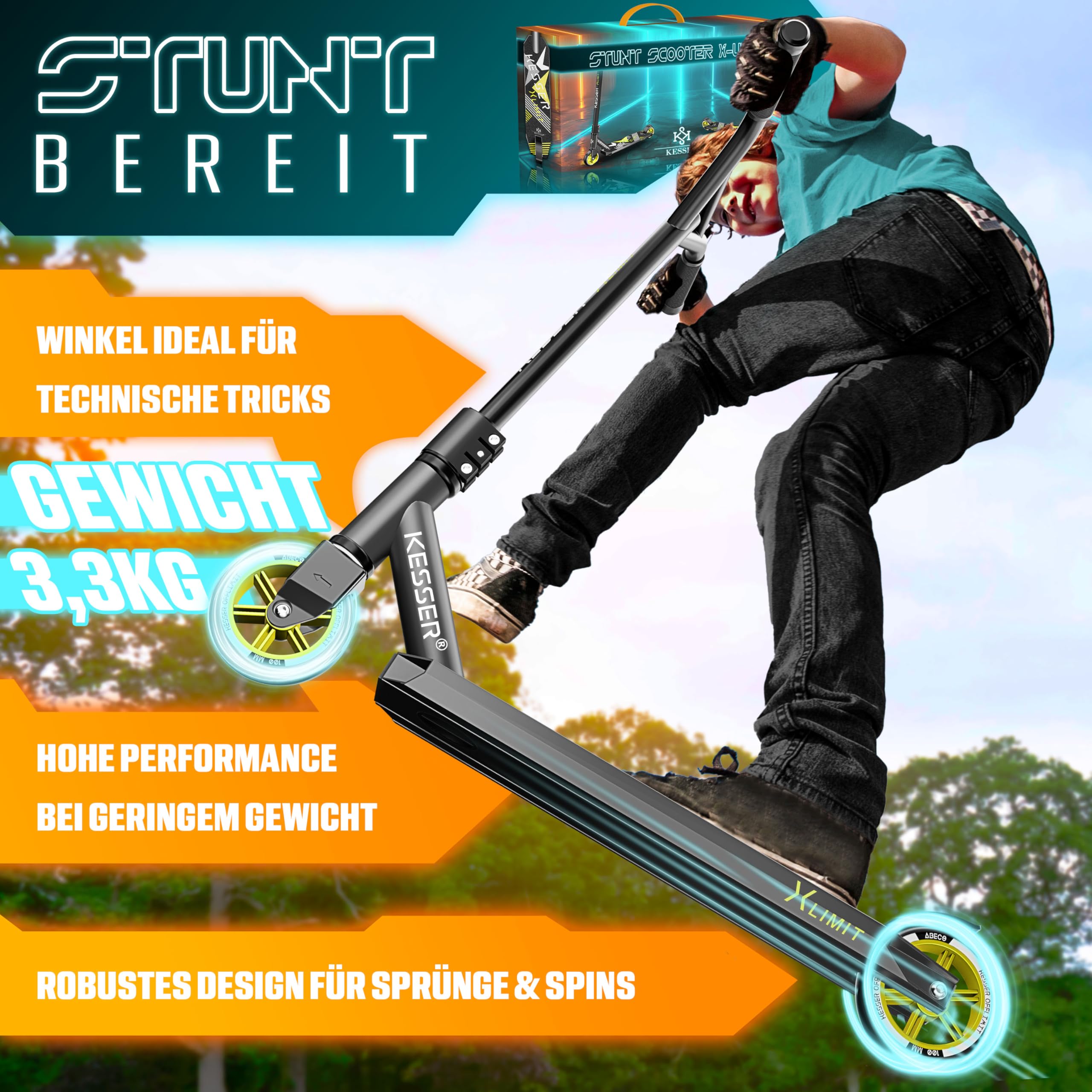 KESSER® Trottinette Freestyle | Trottinette Freestyle X-Limit | Direction à 360° | Roulements à Billes ABEC 9 de 100 mm | Roues en polyuréthane | Robuste | Anthracite