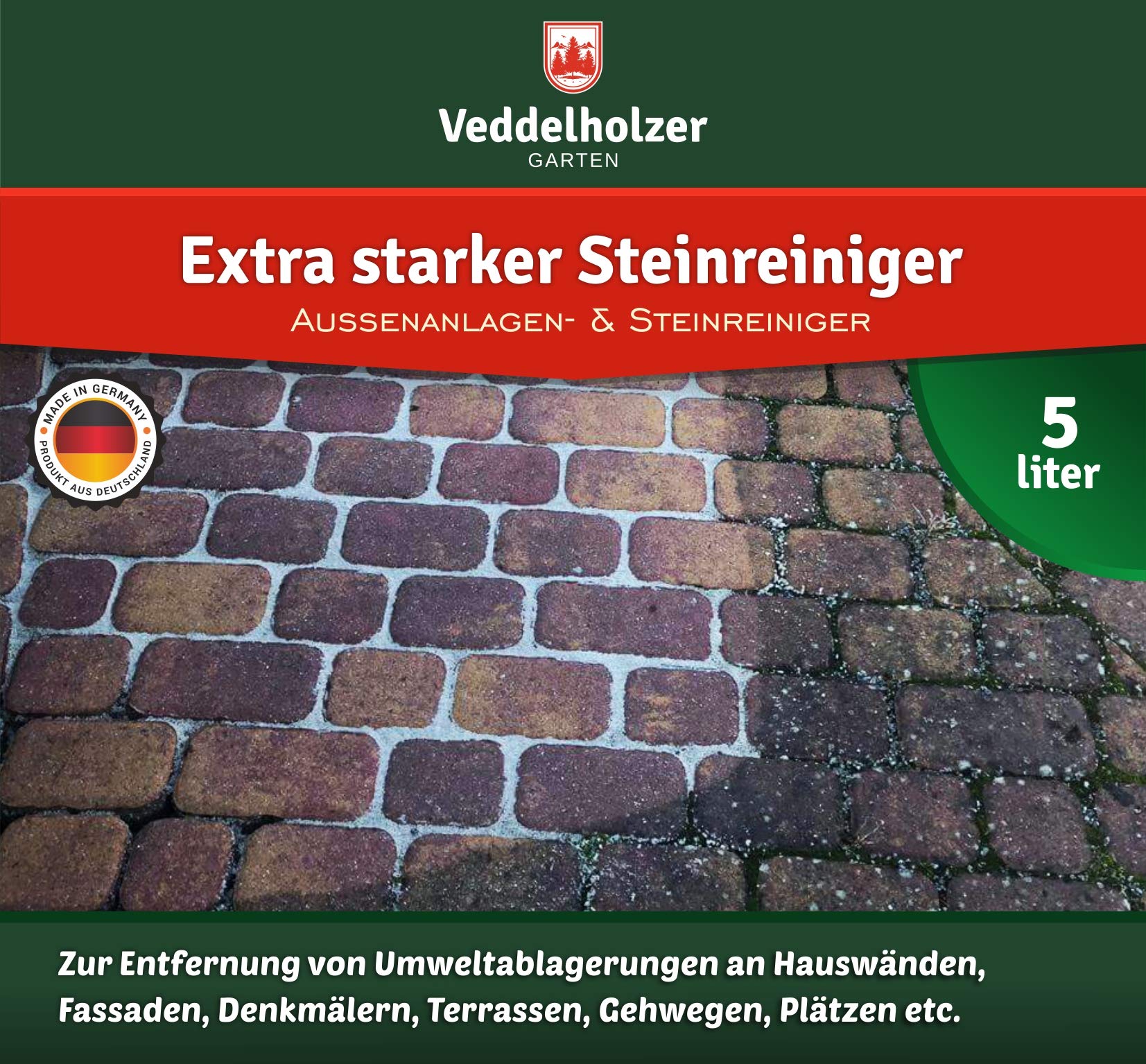 Veddelholzer Außenanlagenreiniger Steinreiniger 5 Liter Konzentrat mit Langzeitwirkung Qualität aus Germany Grünbelagentferner Wege Pflastersteine Fugen ohne Glyphosat Unkrautvernichter