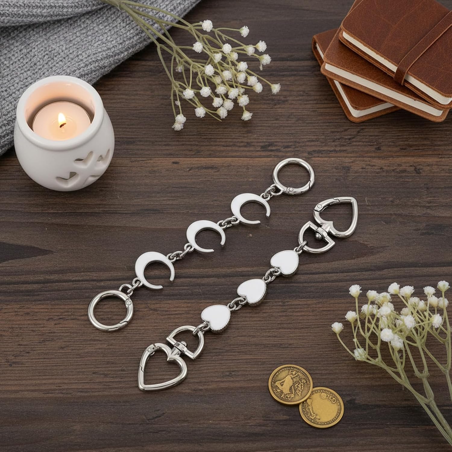 2 Pcs Purse Extender Chain Silver Bag Extender Chain, Heart & Moon Coach Bag Extenders for Handbags, Purses Strap Replacement Crossbody Bags Accessories for Women Bags Charms Purses Making Supplies