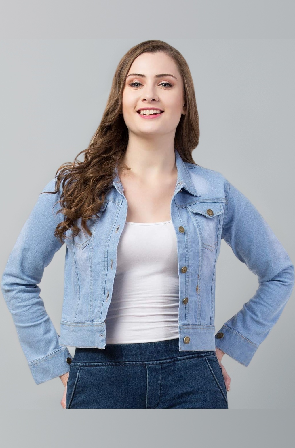 Womens Denim Standard Length Full Sleeve Solid Jacket