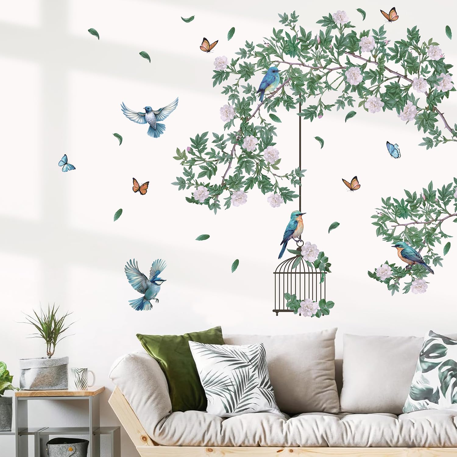 HPUINB Green Plants Birds Wall Stickers for Bedroom,Green Leaf Tropical Plants Wall Art Stickers for Living Room,Removable Palm Tree Leaves Wall Mural - Image 4