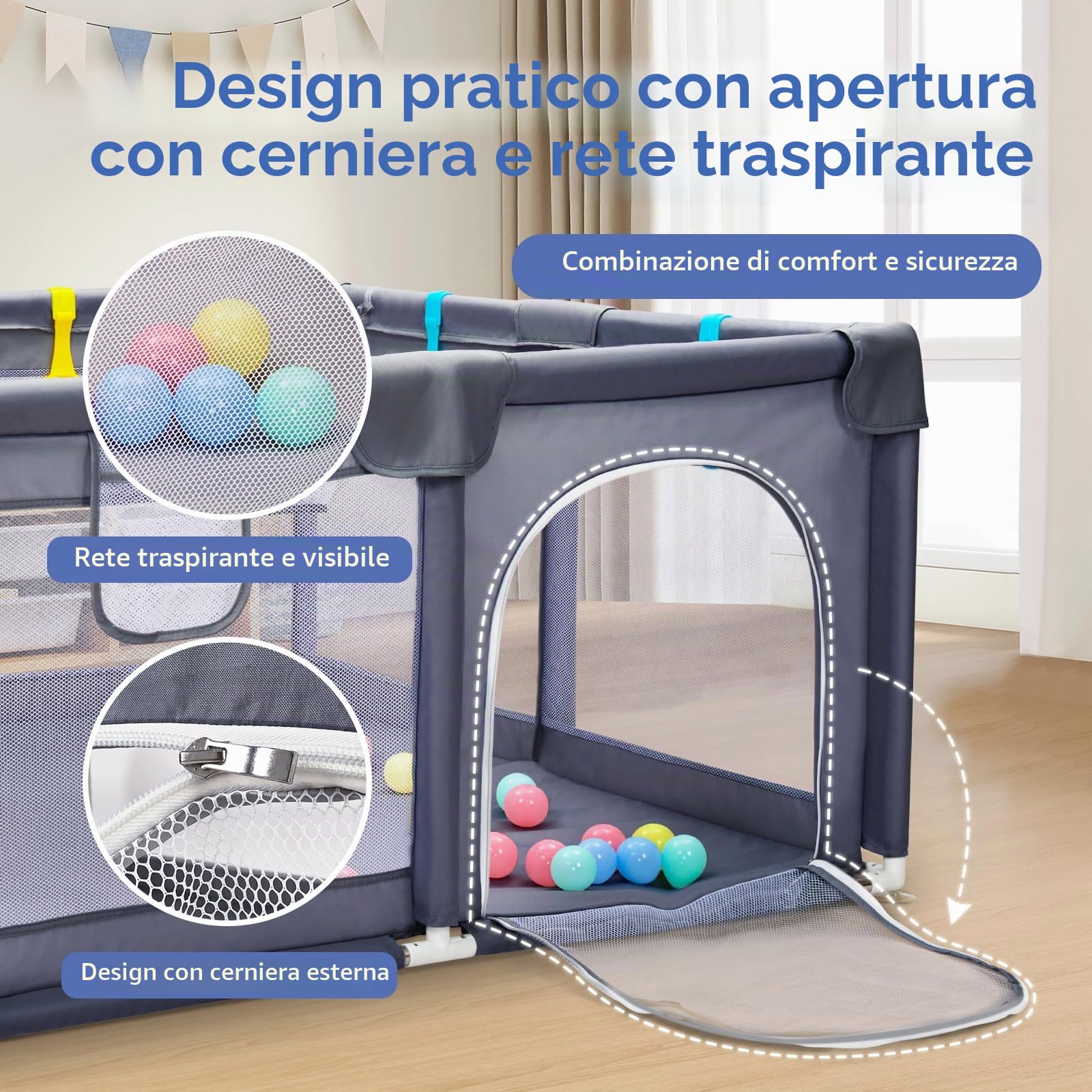 CHOLY Playpen for Baby and Toddlers, Durable Play Pen with Visible Breathable Mesh, Foam Protection, Easy to Assemble Infant Fence -128 × 128 cm (grigio scuro, 128 x 128 cm)