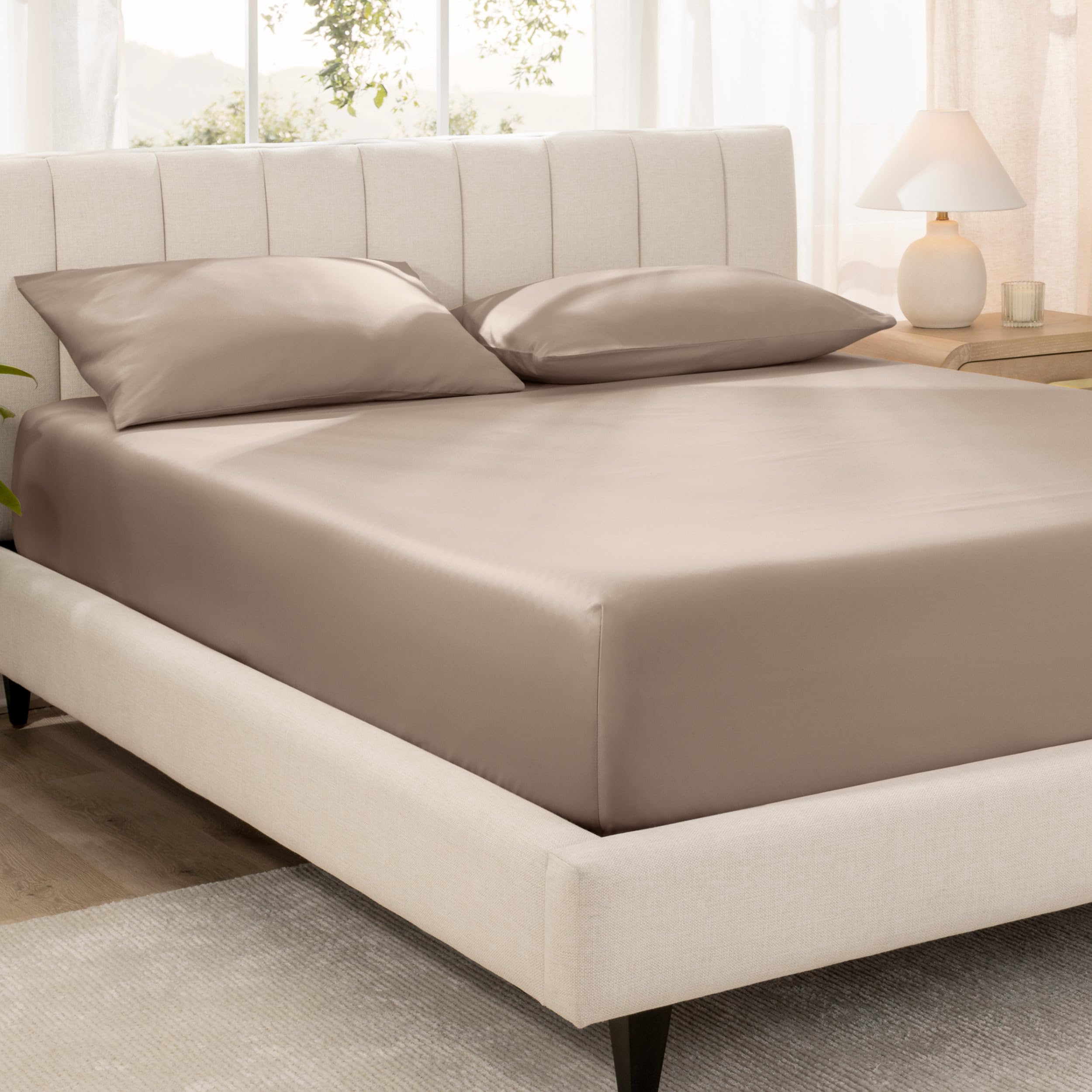 bare home 100% organic cotton sateen fitted sheet - 400 thread count - smooth sateen weave - breathable & cooling - hotel luxury - durable fitted sheet - deep pocket (king, taupe)