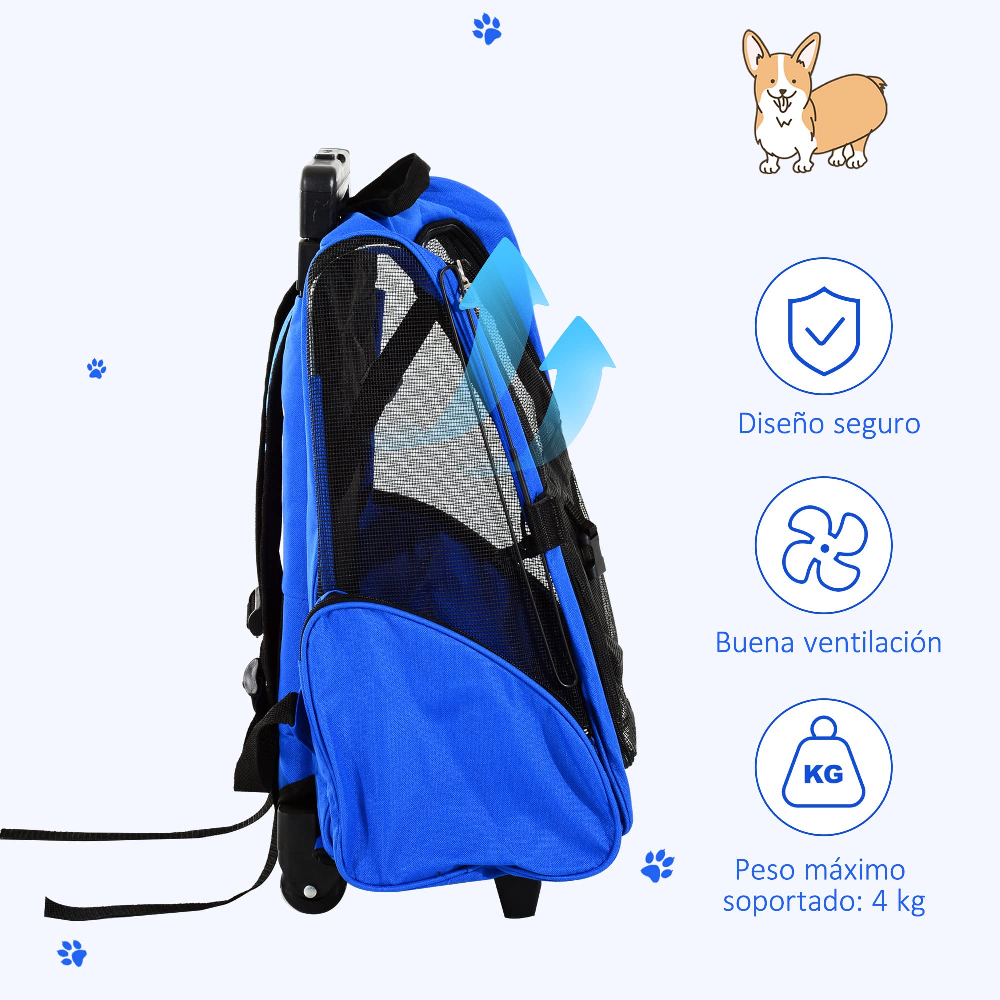 PawHut Transportín 2 en 1 para Mascotas Mochila o Carrito de Viaje para Perro y Gato con Ruedas con Asa retráctil y Bolsillos 42x25x55 cm Azul