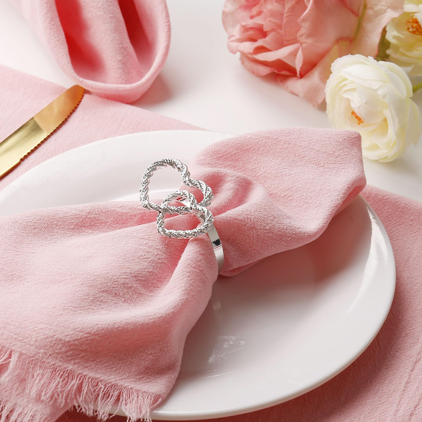 Servilleteros de corazón para el día de San Valentín, doble letra de amor, servilleteros para bodas, fiestas, cenas, vacaciones, mesa, decoración de mesa, decoración del hogar (doble amor-plateado)