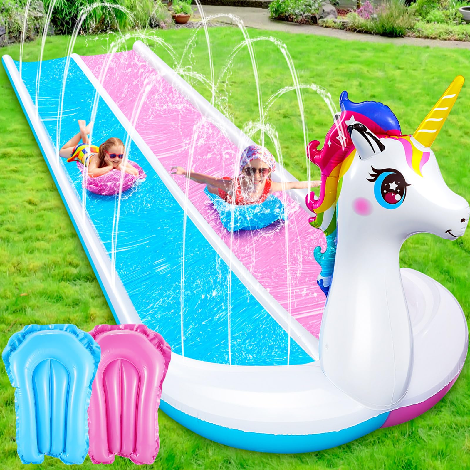 20ft 3D Unicorn Slip Water Slide Double Lane Lawn Water Slides 3 Sided Safe Fence Inflatable Slide with 2 Bodyboards and Sprinkler Heavy Duty Water Slide for Boy Girl Outdoor Backyard Play