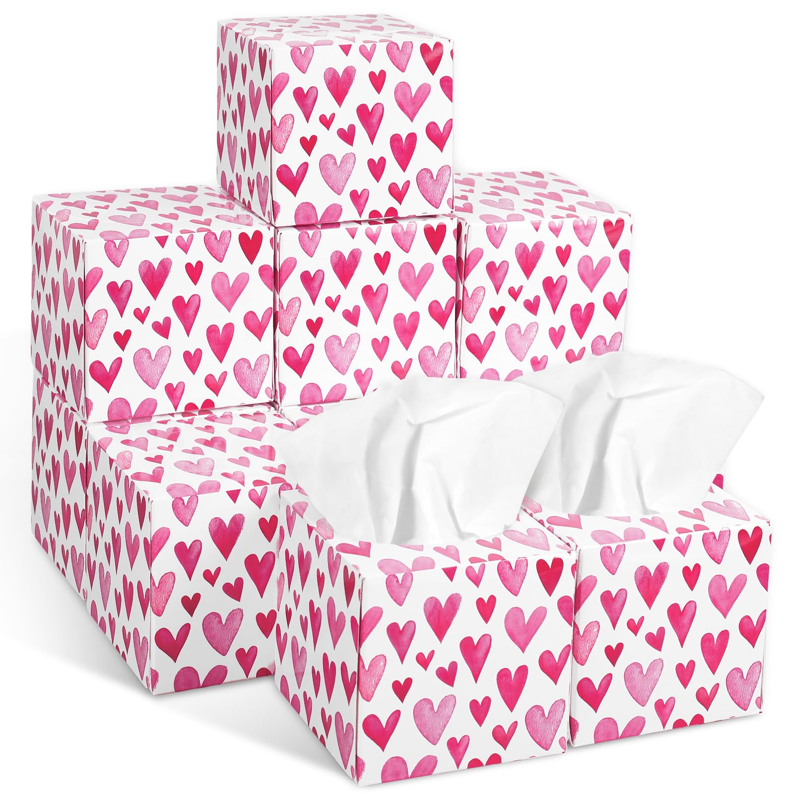 AnyDesign 12Pcs Valentine s Day Facial Tissues Cube Boxes with 600 Sheets 3 Ply Napkins Pink Watercolor Heart