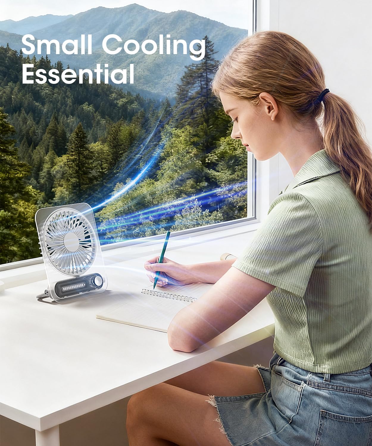 Ventilador de escritorio pequeño, silencioso, ventilador portátil personal, funciona con pilas recargables y alimentado por USB, delgado y plegable, 3 velocidades para escritorio de mesa en 2