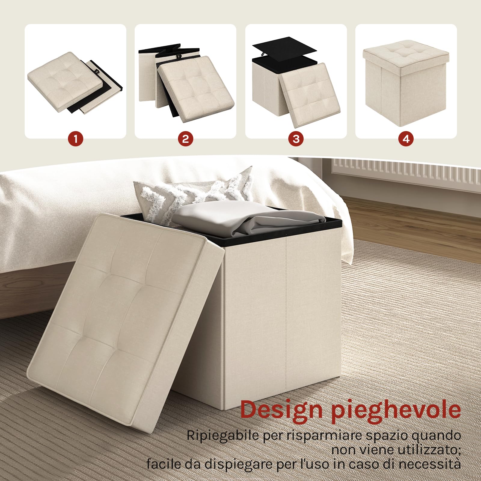 WOLTU Sgabello Pieghevole Sedia a Cubo Pouf Cassapanca Poggiapiedi Panche Contenitore con Coperchio Rimovibile MDF Oxford Lino Beige