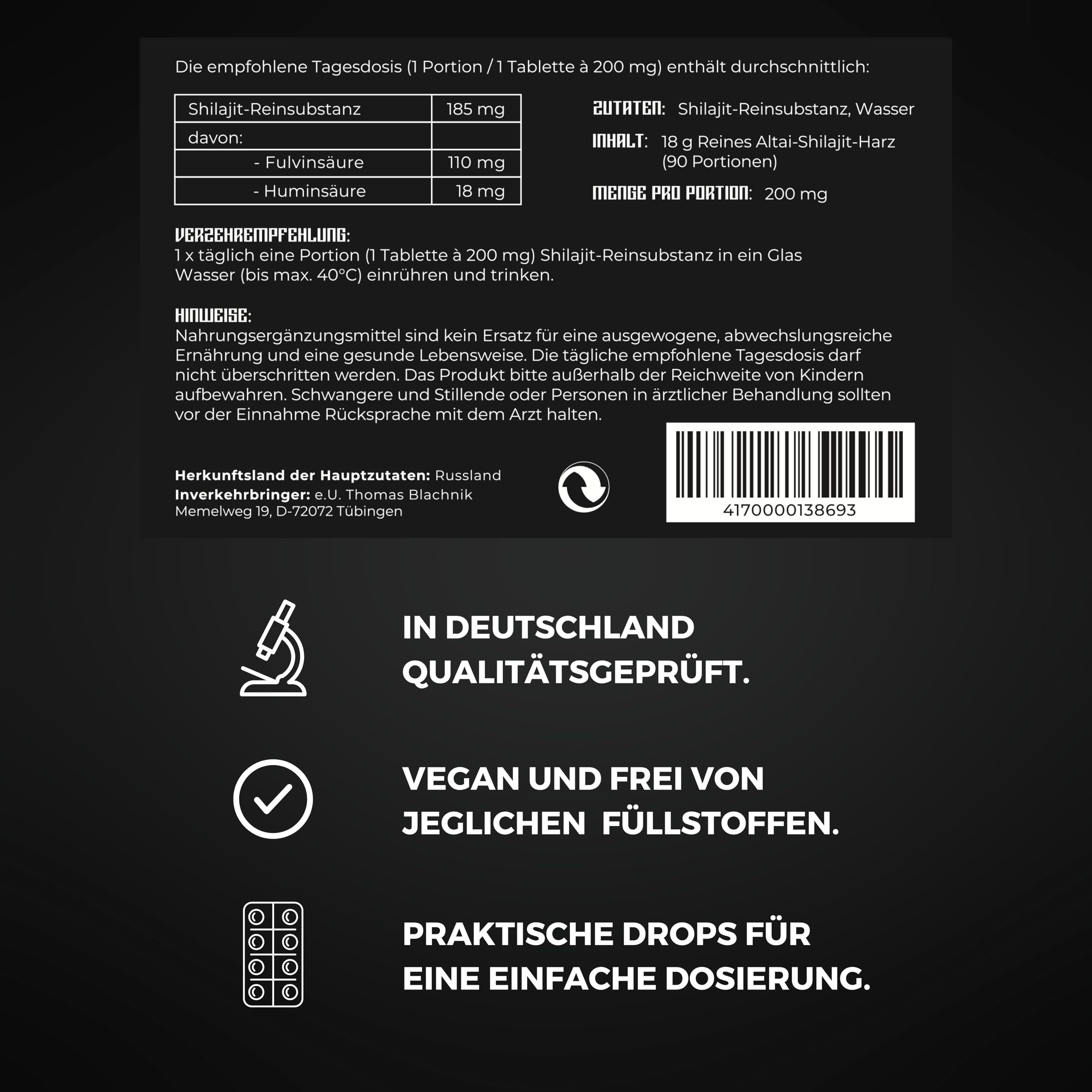Mumijo Shilajit Tabletten aus reinem Harz - Laborgeprüft in DE - 90 Stück | SCHWARZESGOLD® | Shilajit Original Drops mit 55% Fulvinsäure und 9% Huminsäure, Shijalit, Mumio