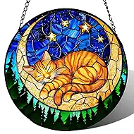 Stained Glass Window Hanging, Orange Sleeping Cat Suncatcher for Door Home Decor Moon Starry Night Sun Catcher Ornament Mother's Day Birthday Gifts for Women Men Mom 6.3 in