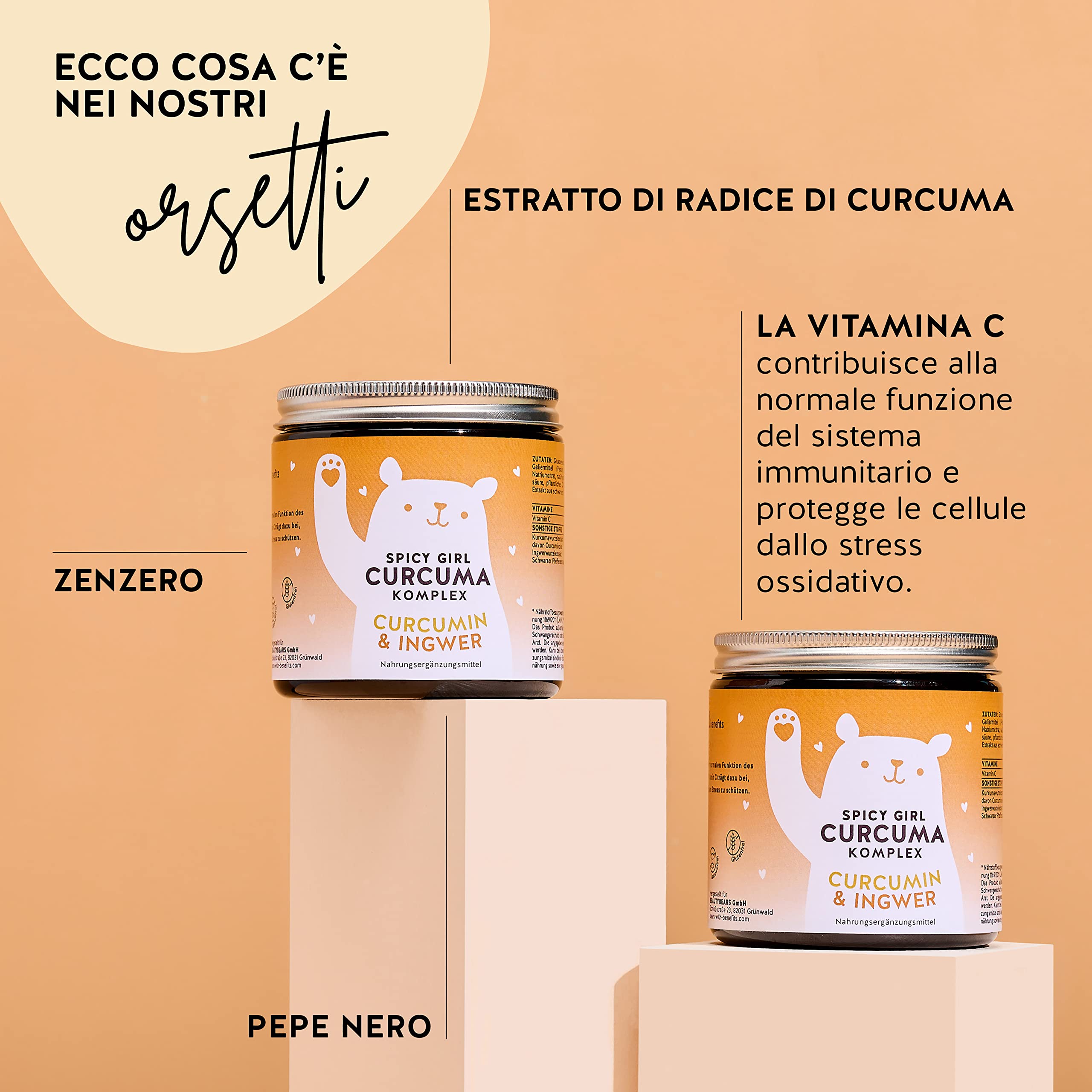 Bears with Benefits Un toccasana per il sistema immunitario e l'organismo - Superfood Curcuma - Pepe nero, zenzero, vitamina C - Orsetti gommosi (60 pz) Spicy Girl Curcuma Komplex