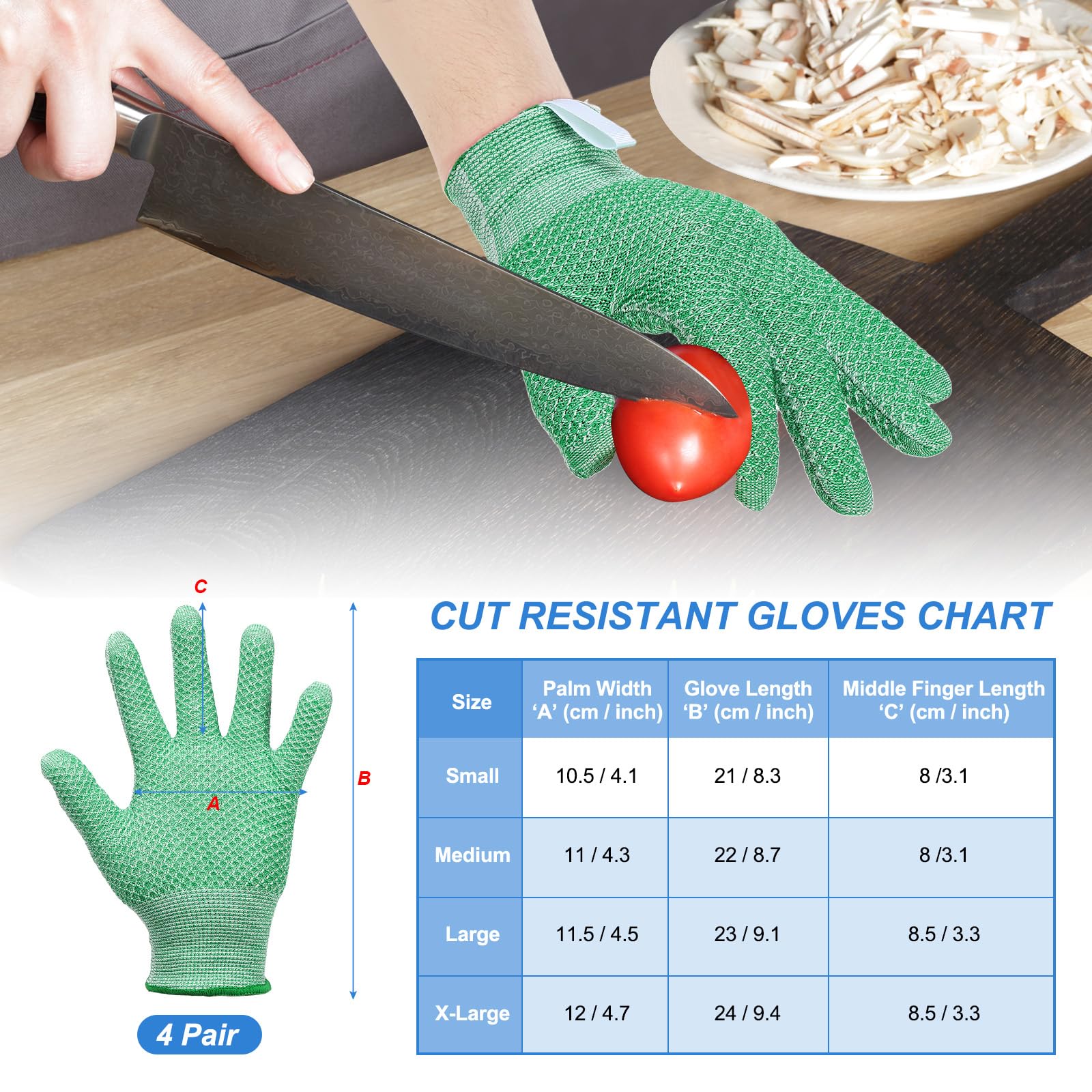 PATIKIL Cut Resistant Gloves, 4 Pair Level 5 Protection Cutting Gloves Anti Cut Kitchen Work Glove for Mandolin Slicing Oyster Shucking Whittling Wood Carving, Green, Small