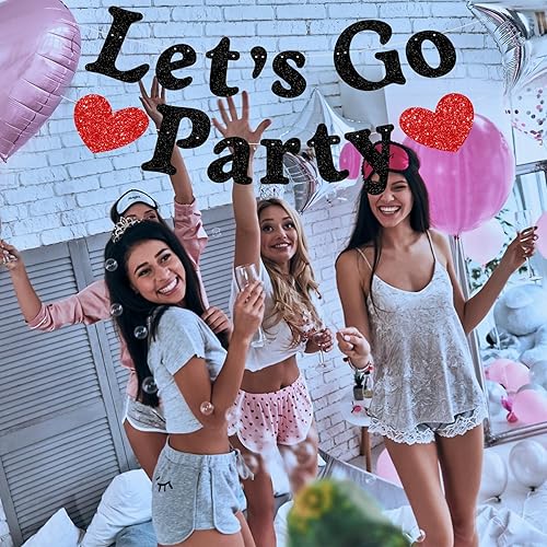 Miniatura 3 de Cartel con purpurina negra y roja con texto en inglés "Let's Go Party", decoraciones de despedida de soltera, lindo fondo de fotos, suministros de