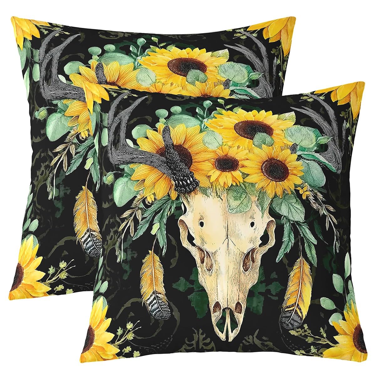 Feelyou Set of 2 Sunflower Throw Pillow Covers, Yellow Flowers Cow Skull Cushion Case for Home Living Room Decor, Reversible Boho Botanical Floral