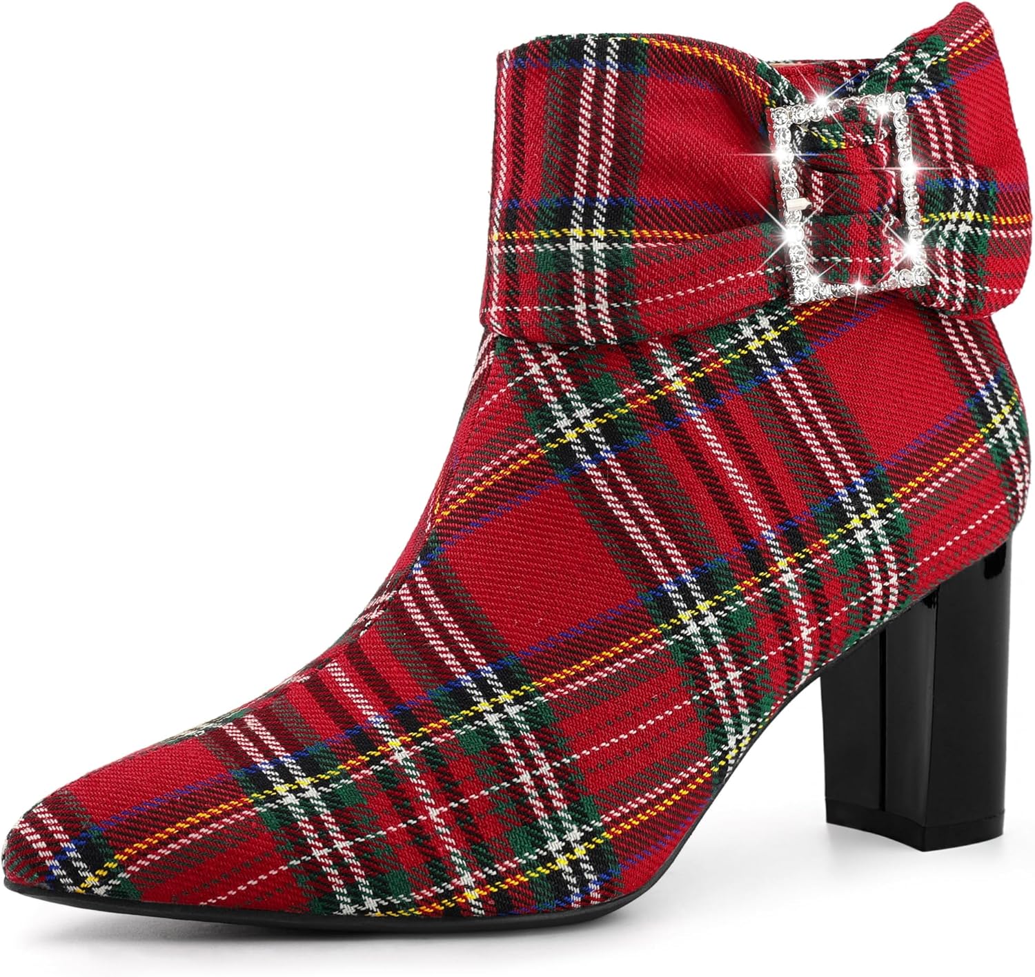Perphy Plaid Pointy Toe Rhinestone Bow Zipper Chunky Heels Ankle Boots for Women