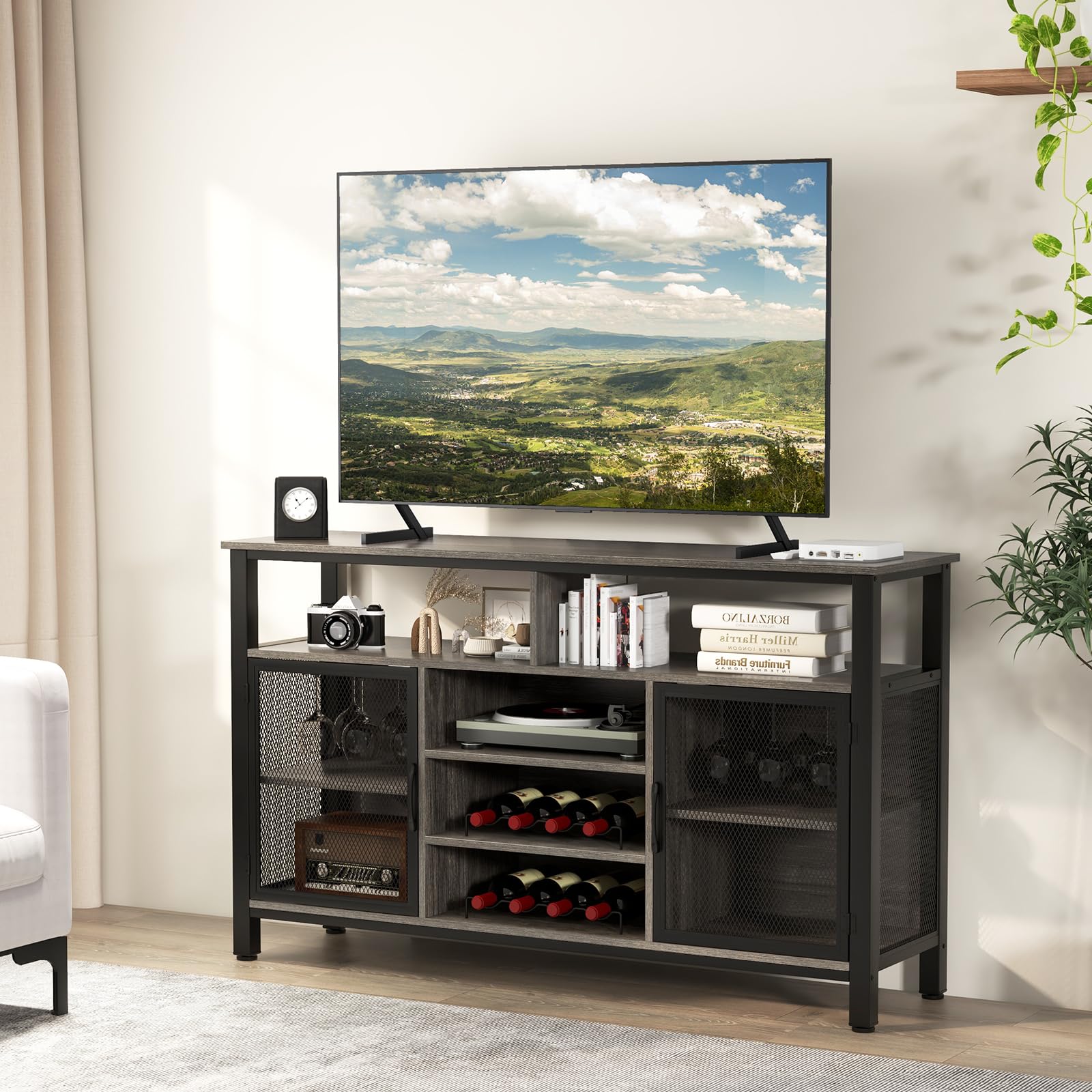 GIANTEX Credenza da Buffet, Mobilellto da Cucina con Portabottiglie e Portabicchieri, Porta TV per TV fino a 60" con 2 Armadietti con Anta, 3 Ripiani e 2 Scomparti Aperti, Nero/Grigio(Grigio)