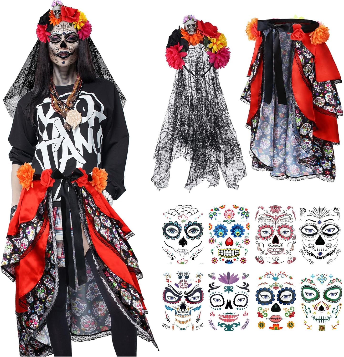 Berlune 10 Pcs Halloween Day of The Dead Costumes for Women Include Multicolor Tie on Bustle Dia De Los Muertos Headband with Black Lace Veil 8 Sheets Face Tattoo Stickers for Party Cosplay Supplies