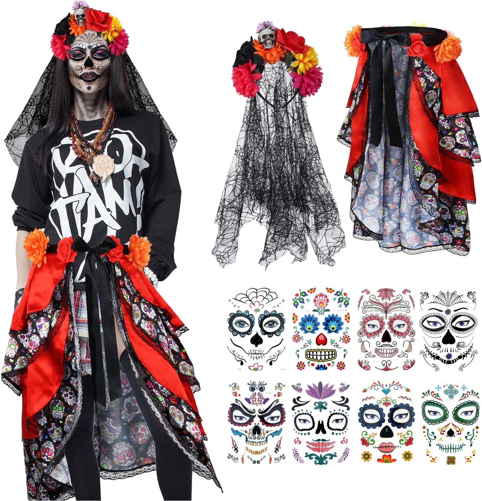 Berlune Day of the Dead Costumes for Women Tie on Bustle Headband with Black Lace Veil 8 Sheets Temporary Face Tattoo Stickers for Girls Halloween Party Cosplay
