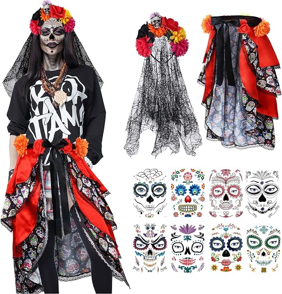 Berlune 10 Pcs Day of the Dead Costume Set for Women Headband Veil Bustle