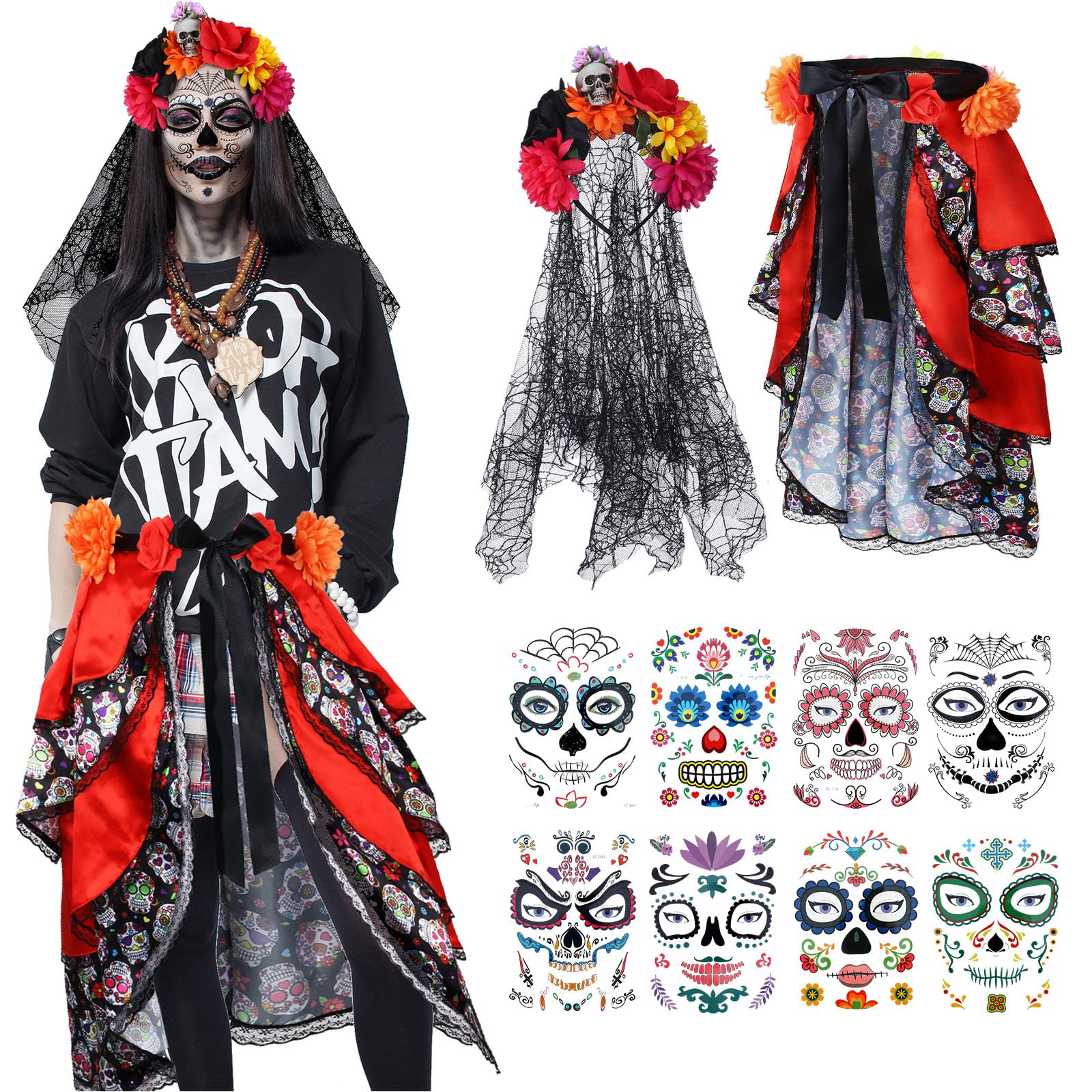 Berlune Day of the Dead Costumes for Women Tie on Bustle Headband with Black Lace Veil 8 Sheets Temporary Face Tattoo Stickers for Girls Halloween Party Cosplay