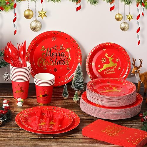 Miniatura 3 de Juego de 175 platos y servilletas de papel de Feliz Navidad, vajilla desechable para fiesta de Navidad, puntos de aluminio, platos de Navidad,